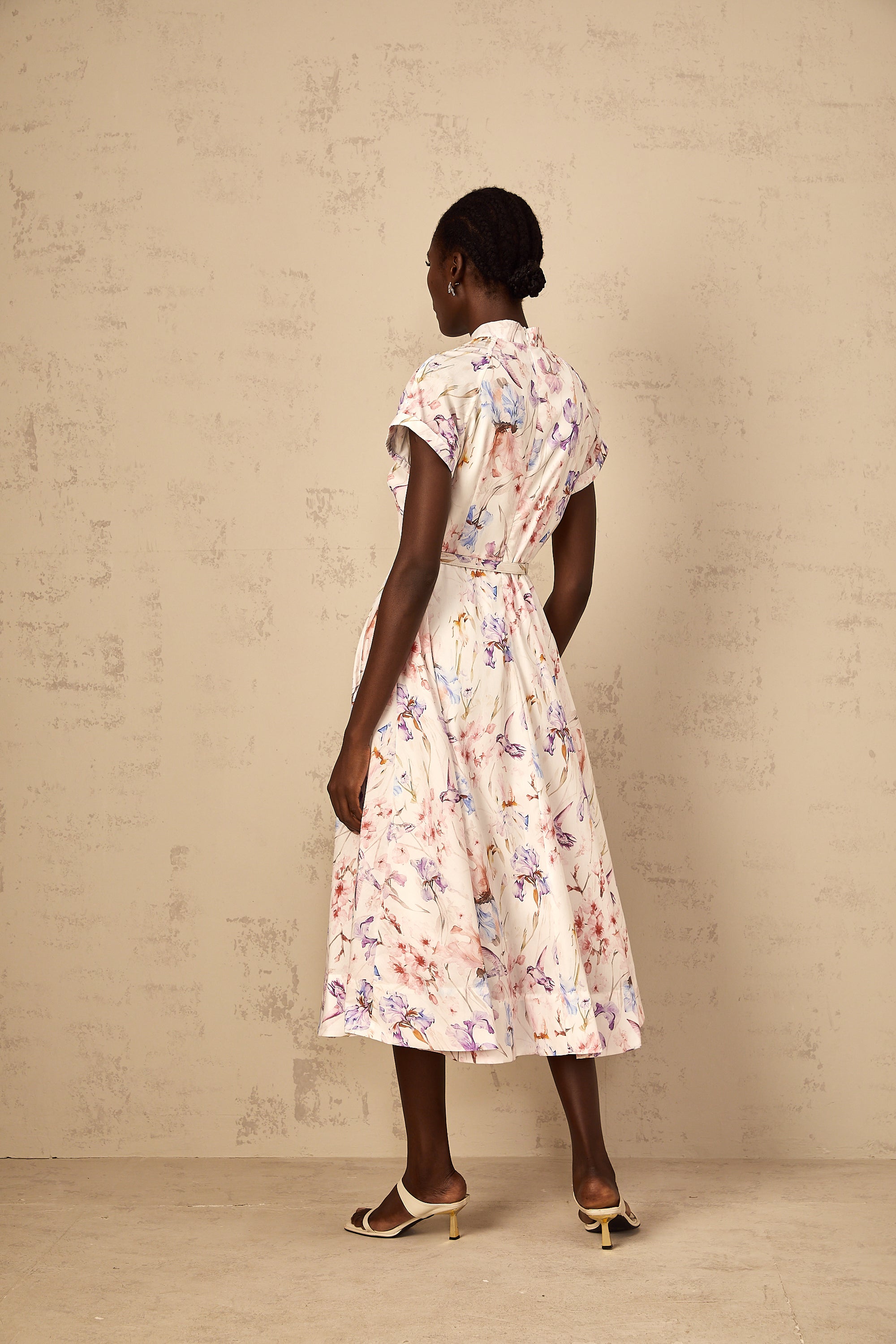 Géraldine White Mock-Neck Floral Print Midi Dress