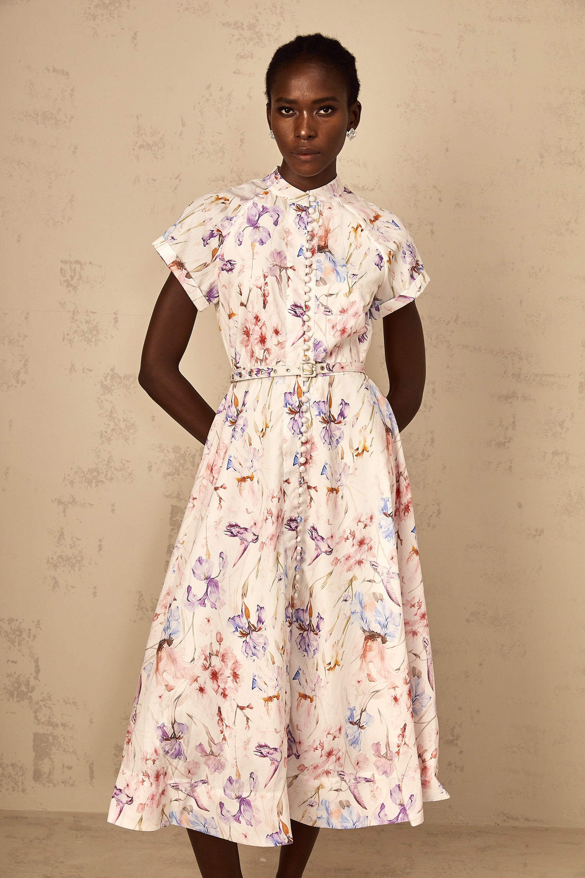 Géraldine White Mock-Neck Floral Print Midi Dress