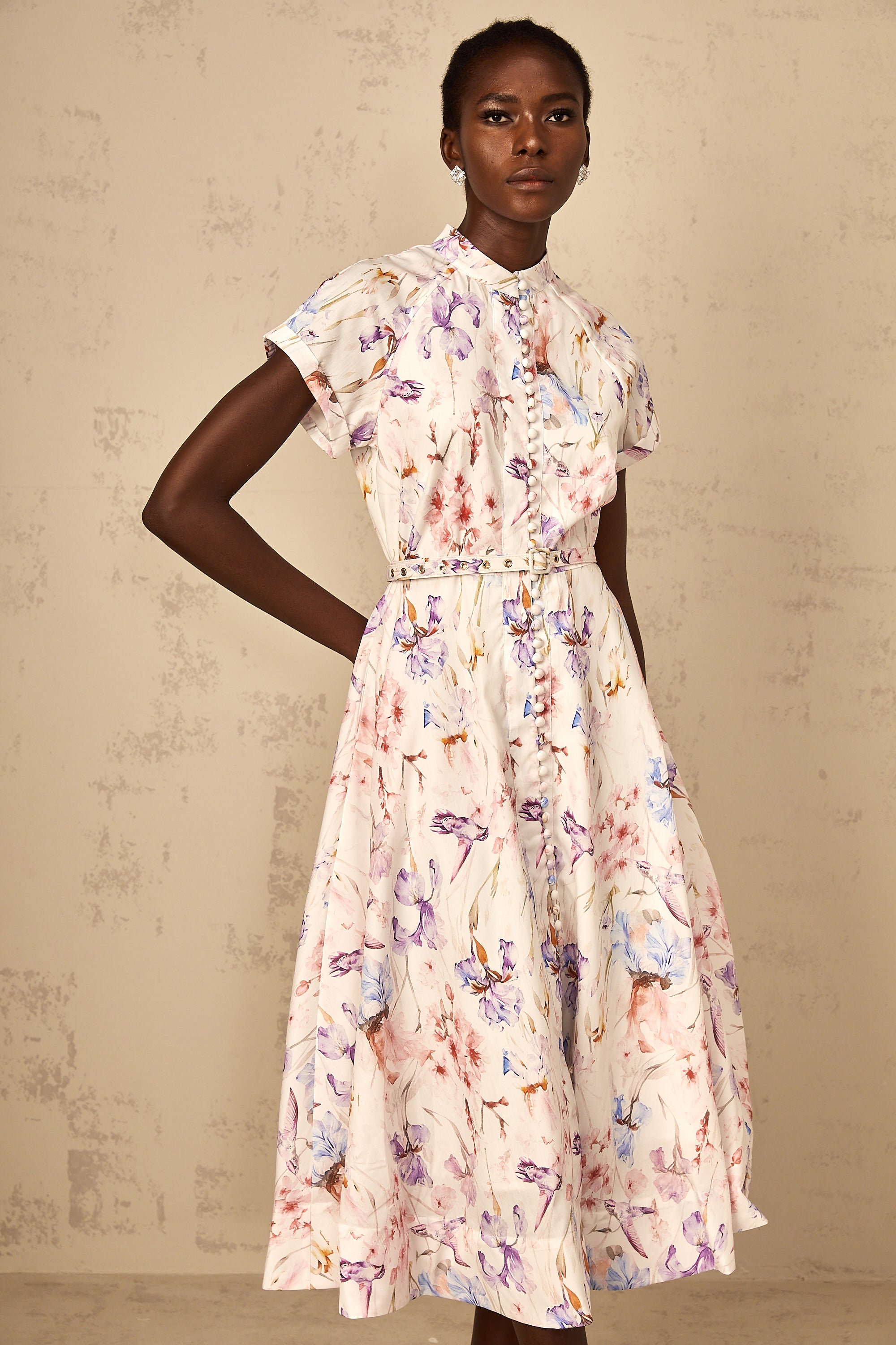 Géraldine White Mock-Neck Floral Print Midi Dress
