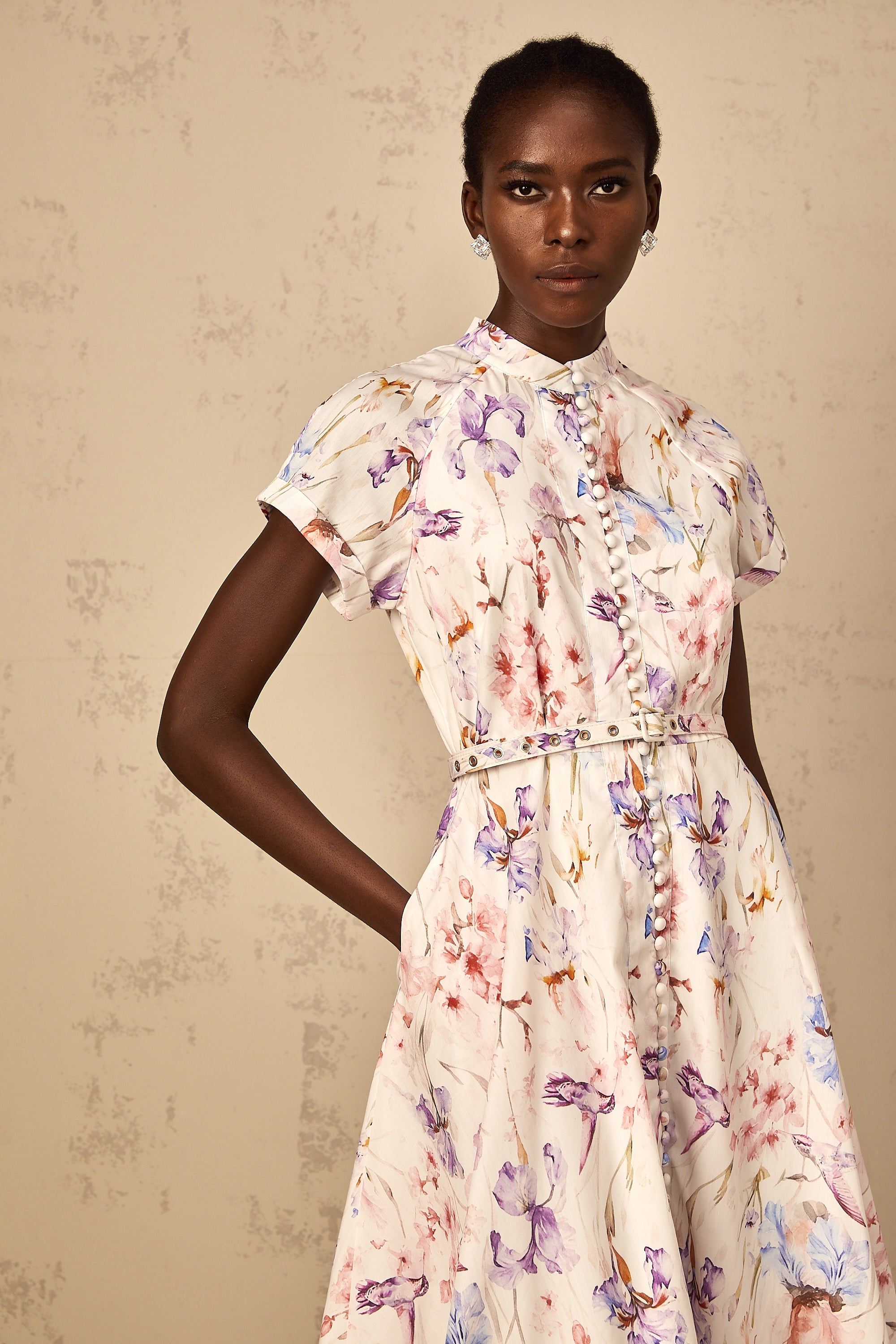 Géraldine White Mock-Neck Floral Print Midi Dress