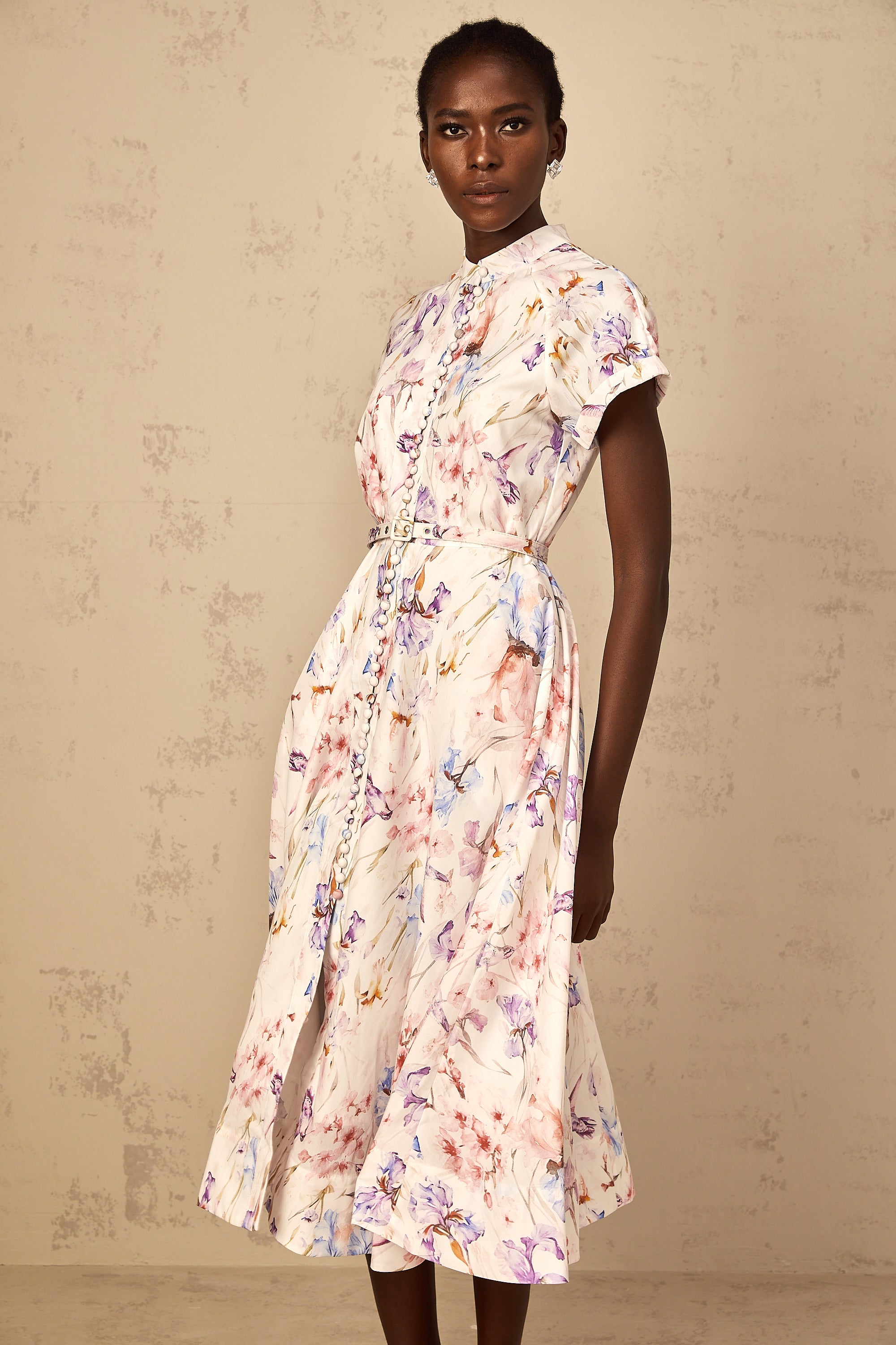 Géraldine White Mock-Neck Floral Print Midi Dress