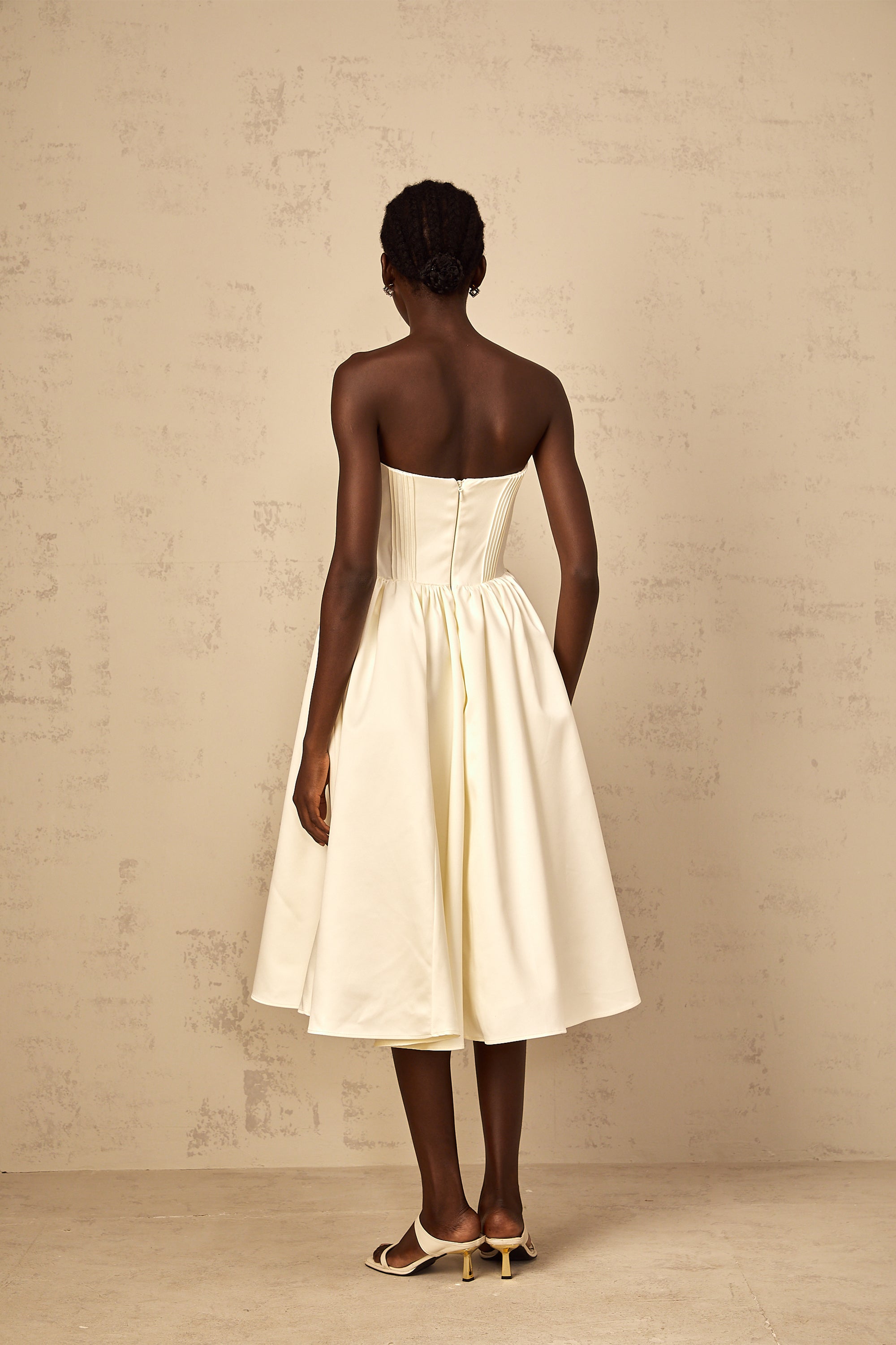 Noor White Off-Shoulder Shirred Midi Dress