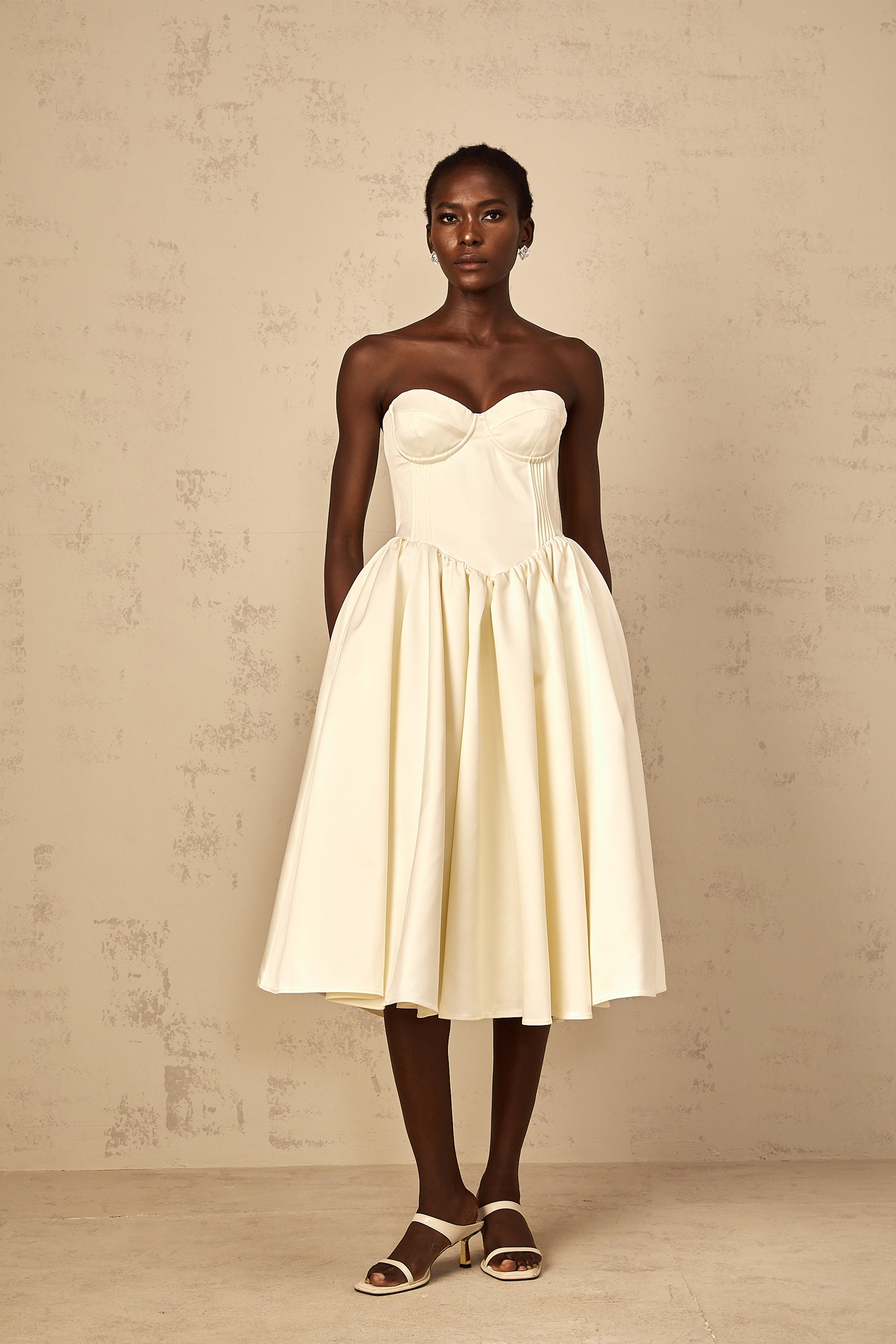 Noor White Off-Shoulder Shirred Midi Dress