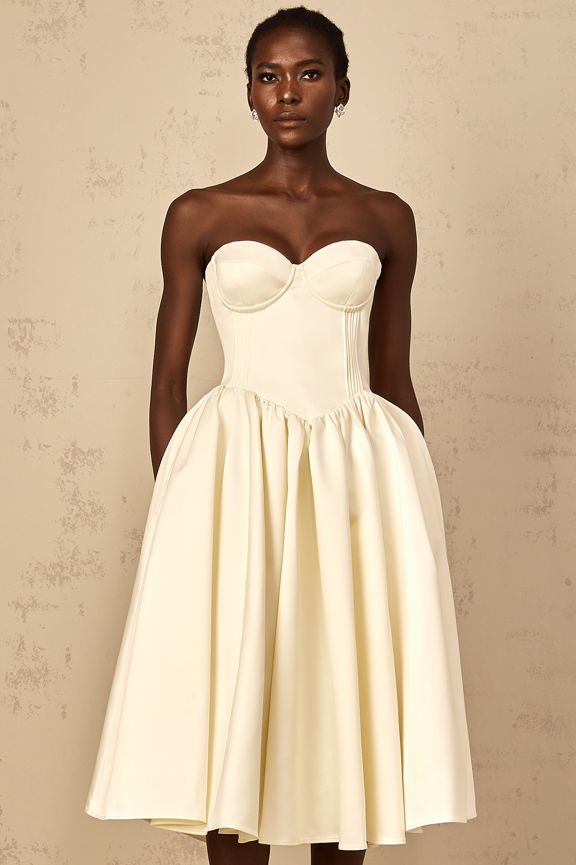 Noor White Off-Shoulder Shirred Midi Dress