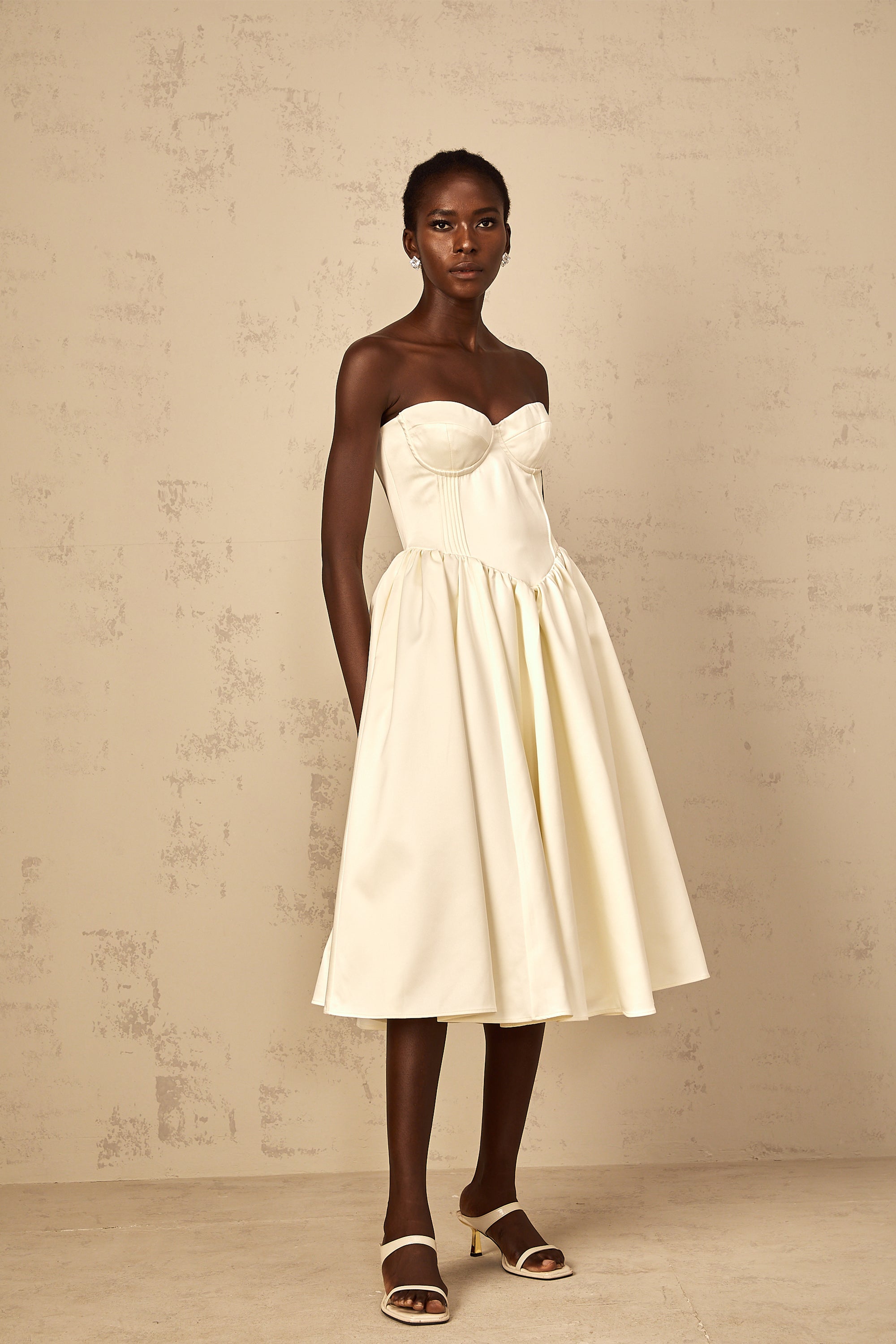 Noor White Off-Shoulder Shirred Midi Dress