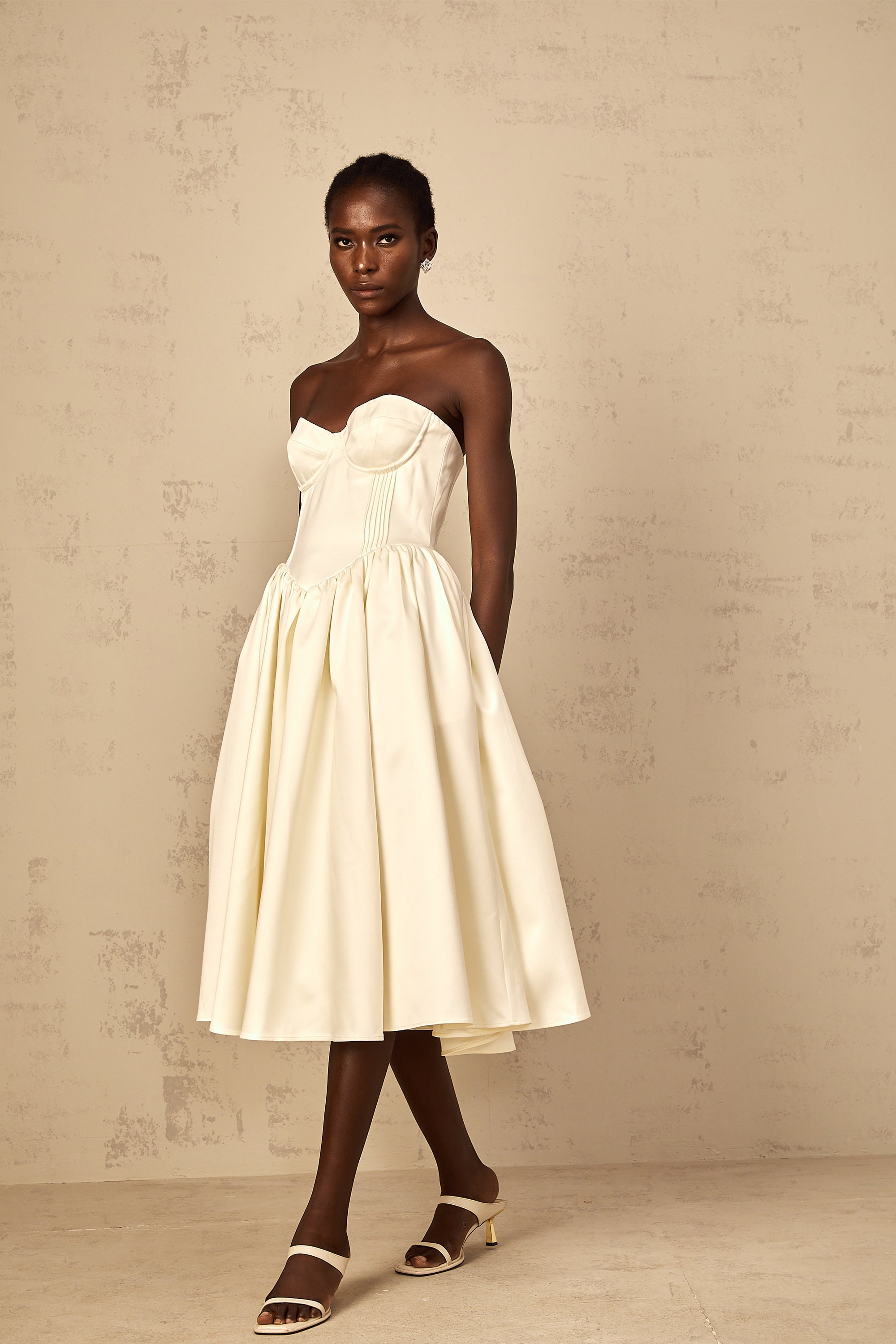 Noor White Off-Shoulder Shirred Midi Dress