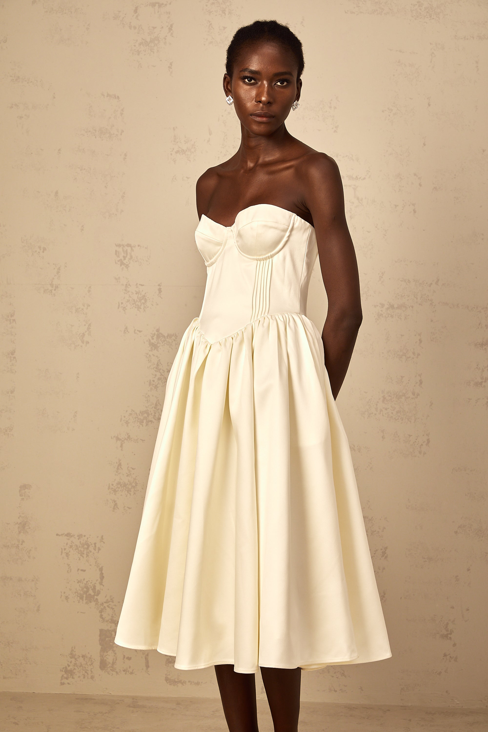 Noor White Off-Shoulder Shirred Midi Dress