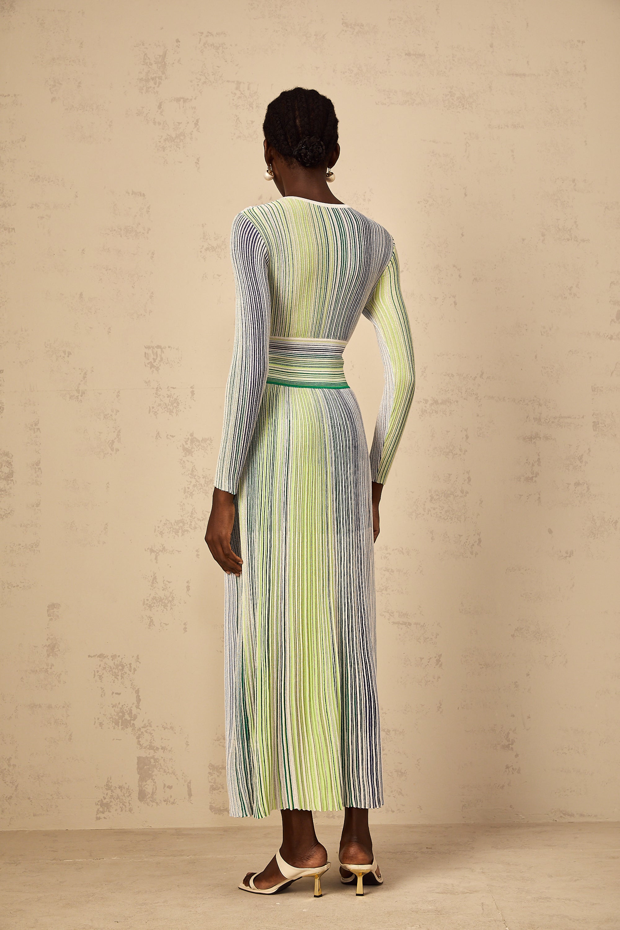 Amaryllis Green Long Sleeve Sequin Striped Knit Maxi Dress