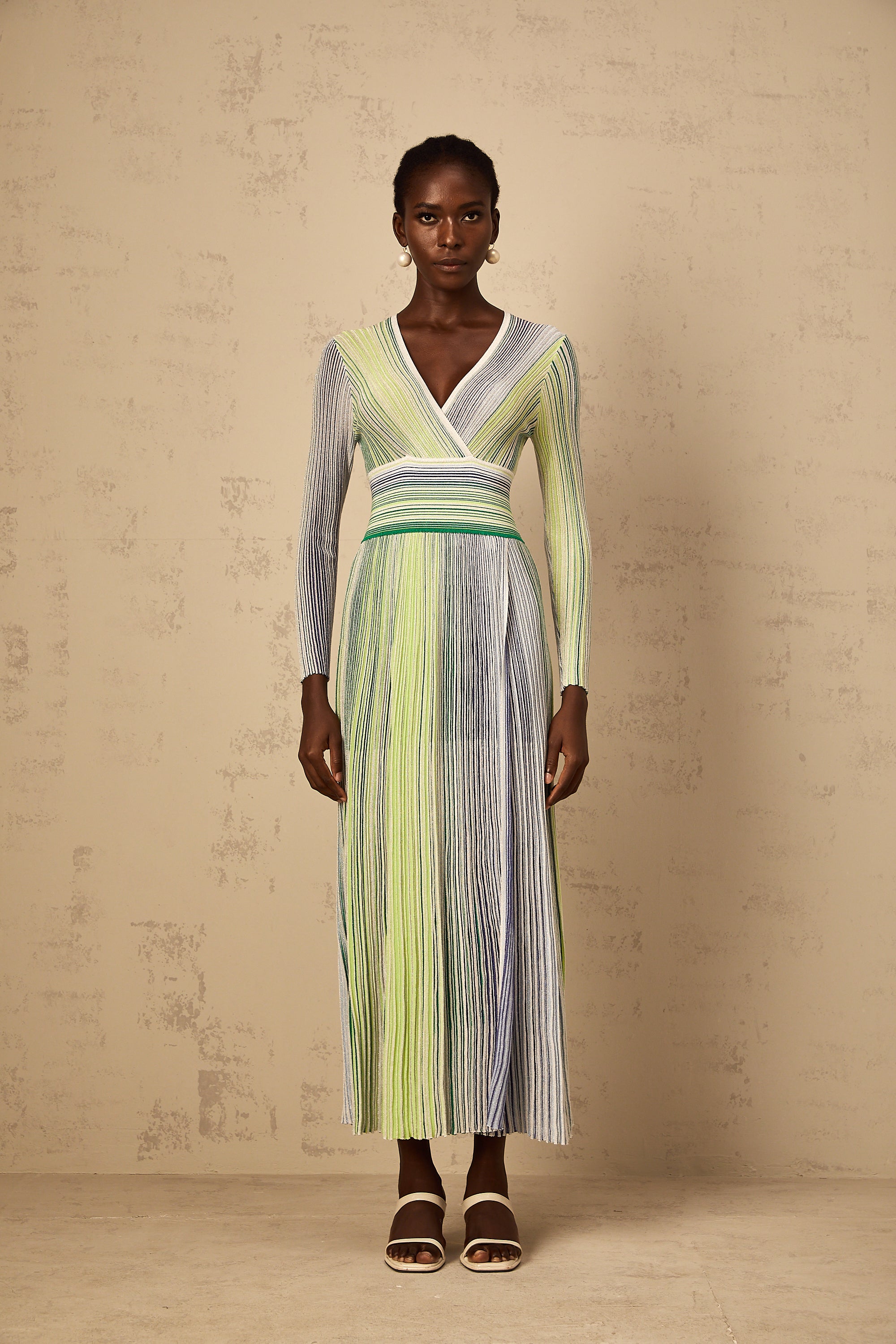 Amaryllis Green Long Sleeve Sequin Striped Knit Maxi Dress