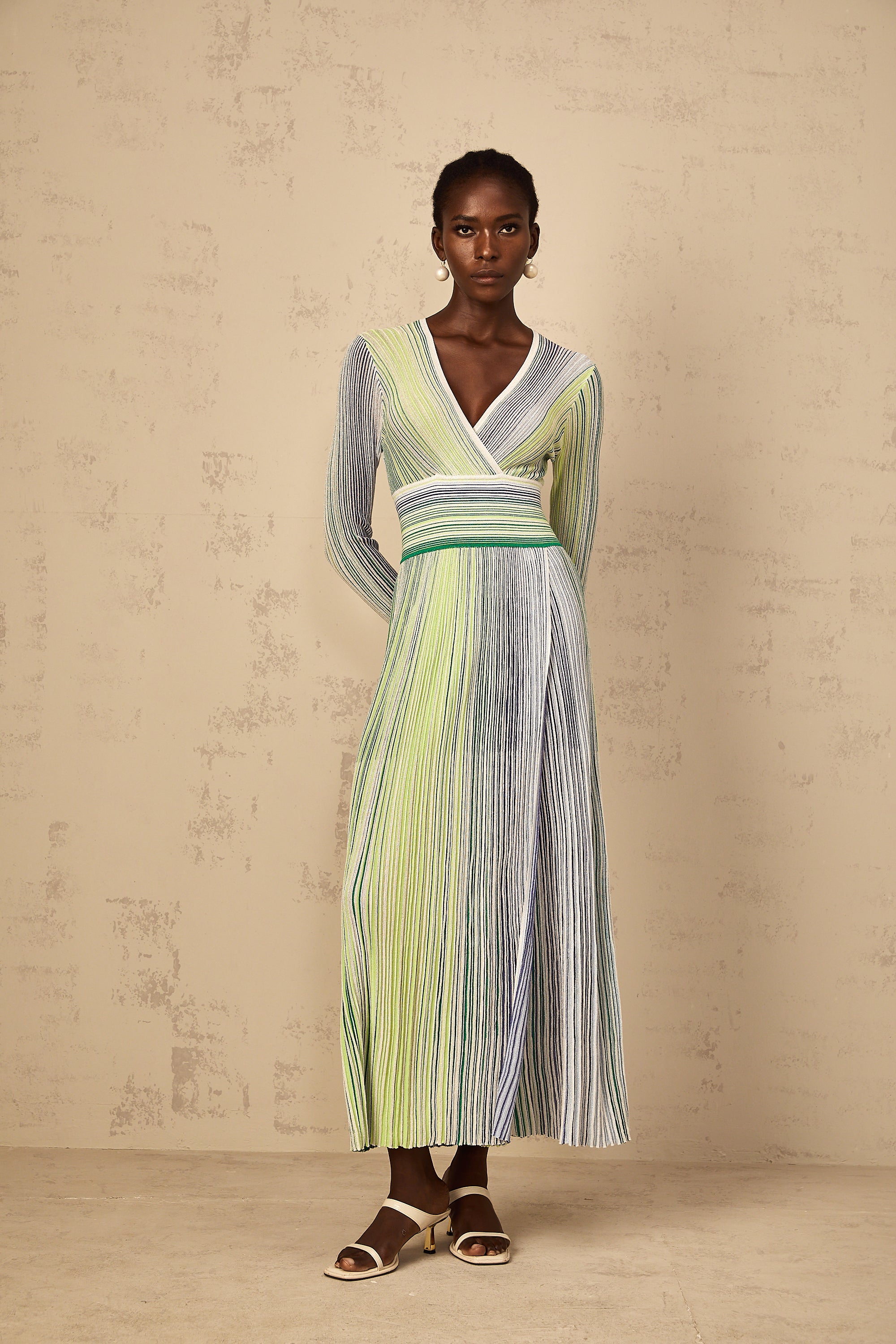 Amaryllis Green Long Sleeve Sequin Striped Knit Maxi Dress