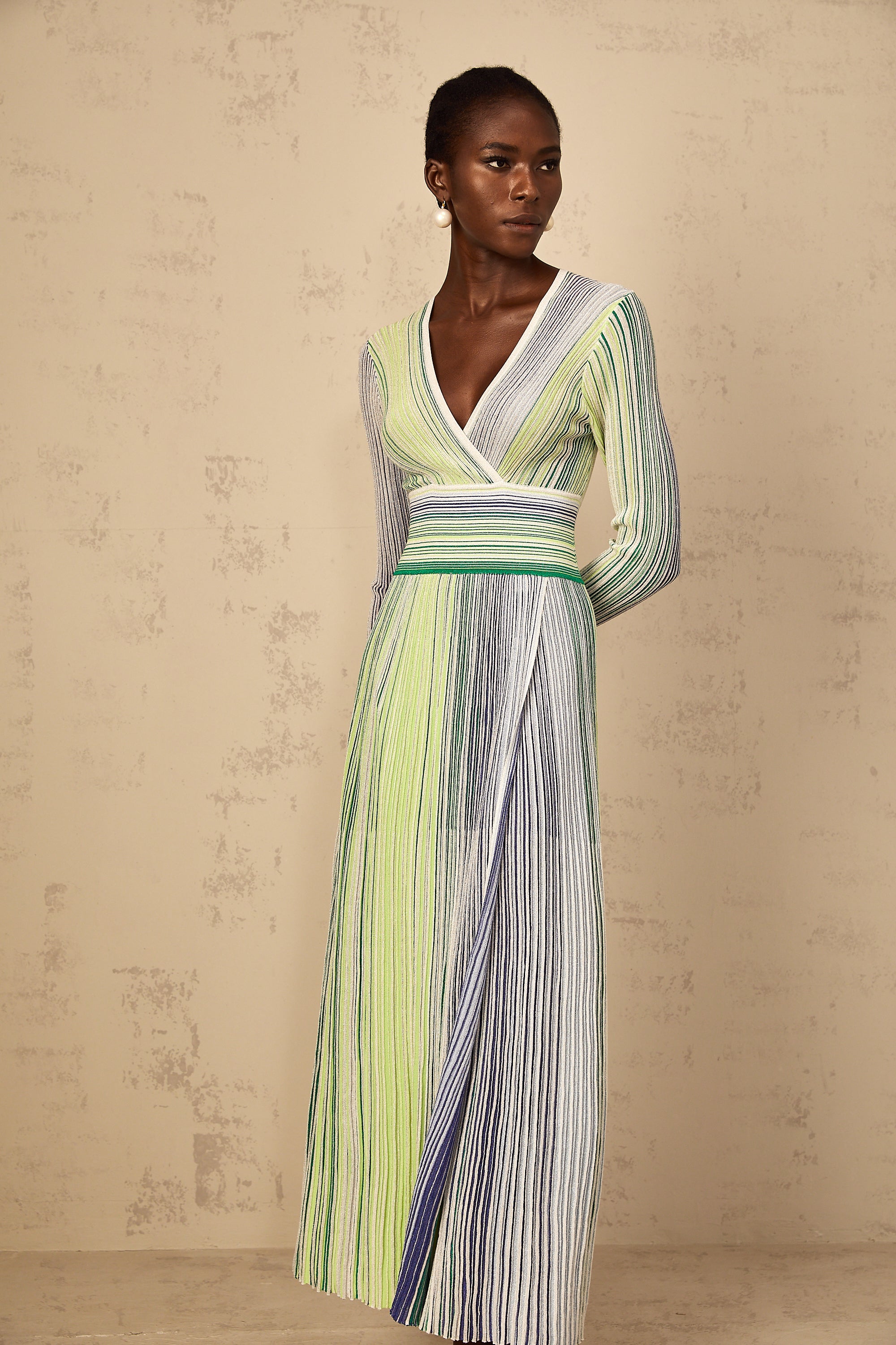Amaryllis Green Long Sleeve Sequin Striped Knit Maxi Dress