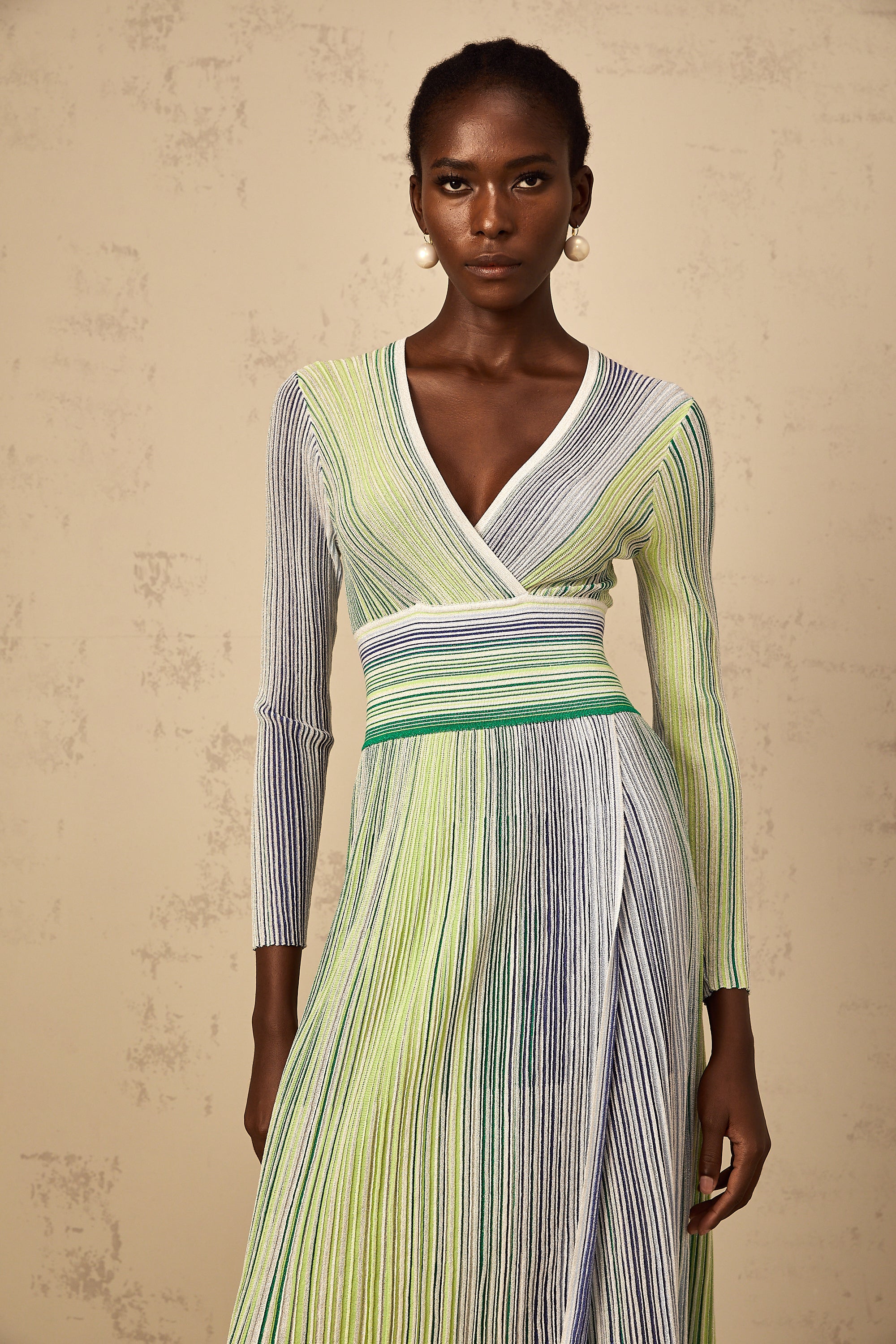 Amaryllis Green Long Sleeve Sequin Striped Knit Maxi Dress