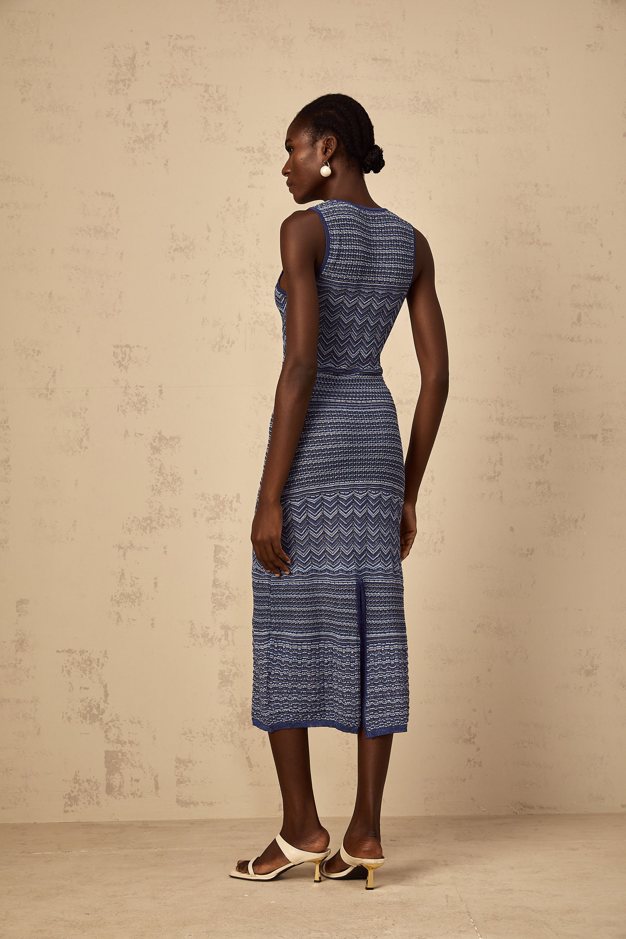 Ingrid Blue Wavy Crochet Knit Midi Dress