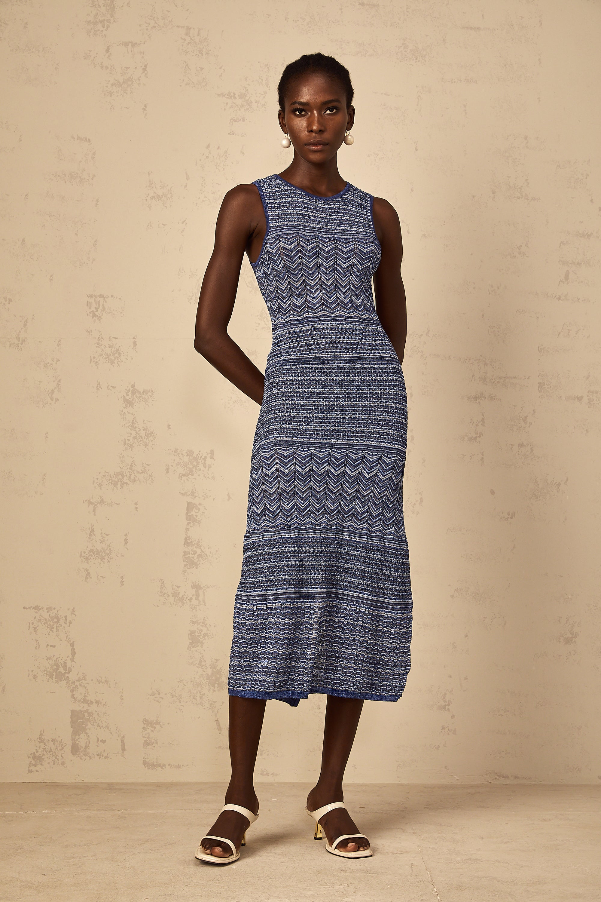 Ingrid Blue Wavy Crochet Knit Midi Dress