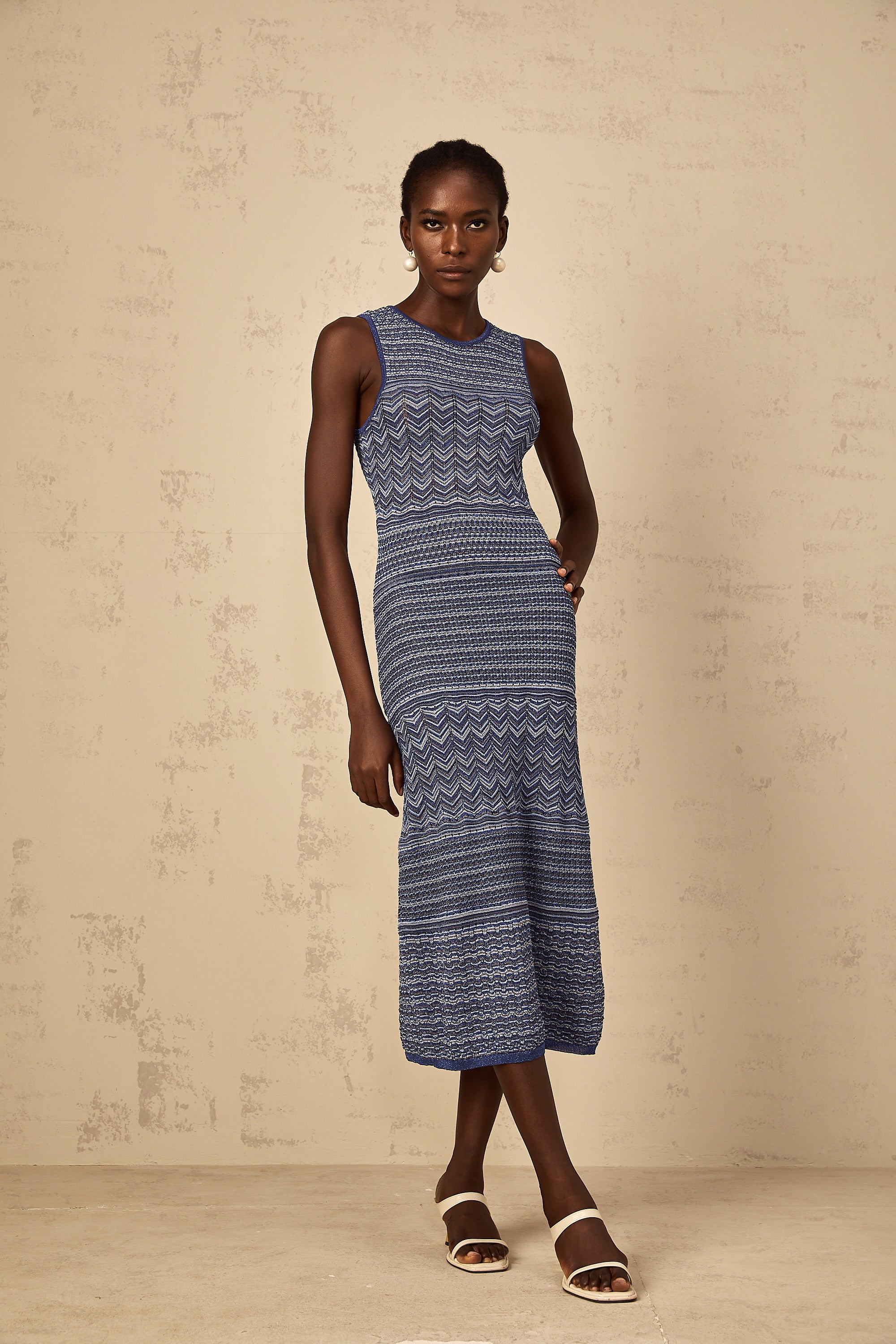Ingrid Blue Wavy Crochet Knit Midi Dress