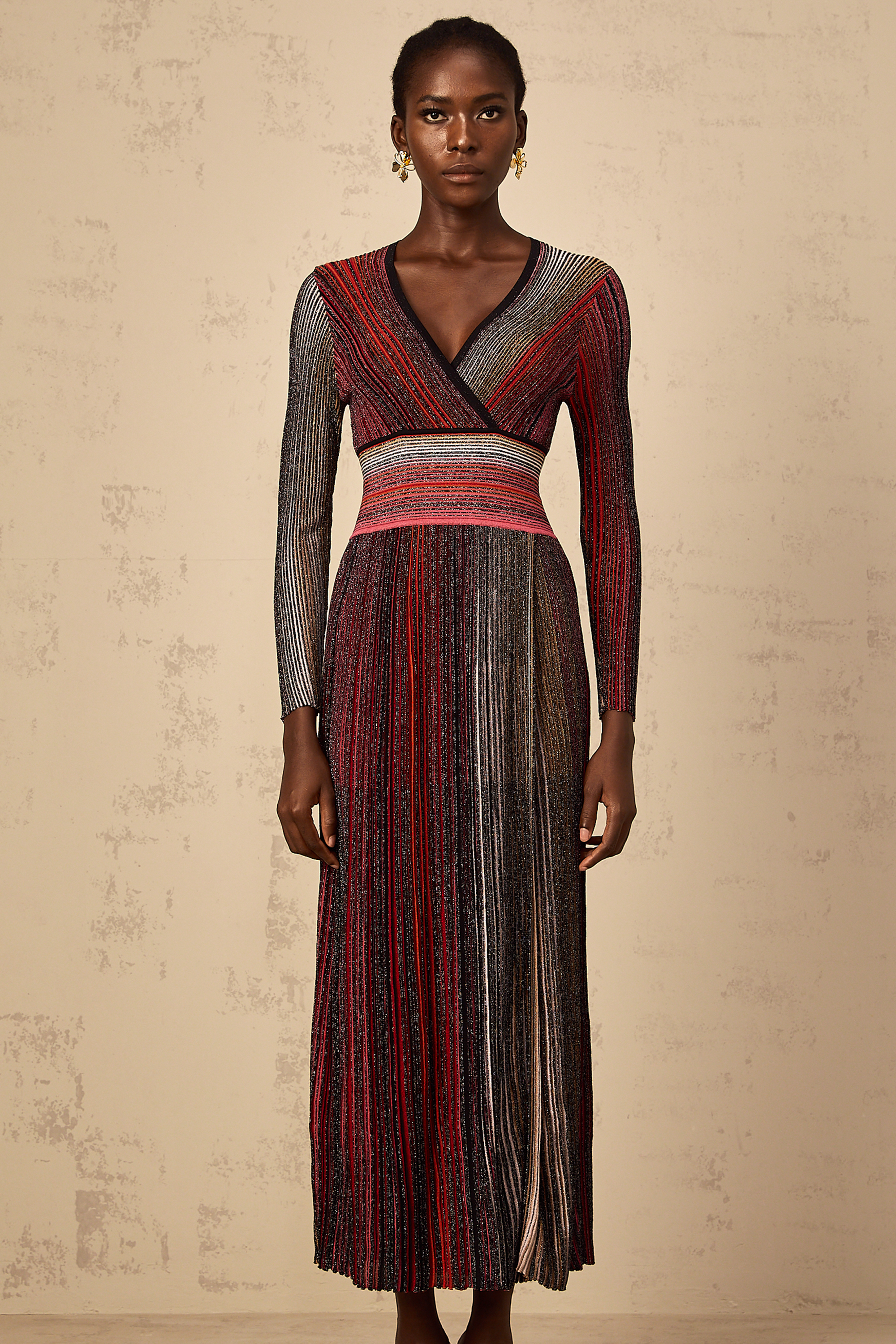 Amaryllis Red Long Sleeve Sequin Striped Knit Maxi Dress