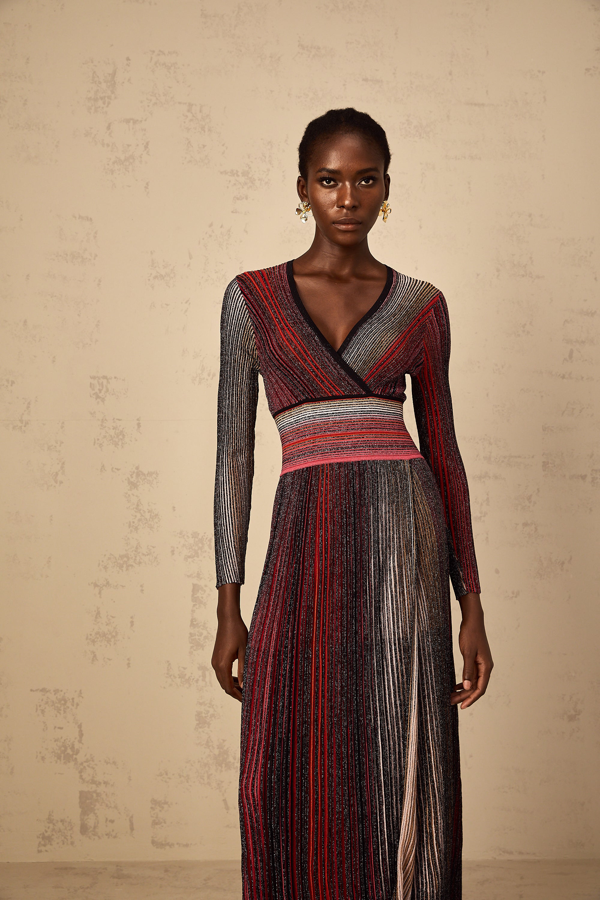 Amaryllis Red Long Sleeve Sequin Striped Knit Maxi Dress