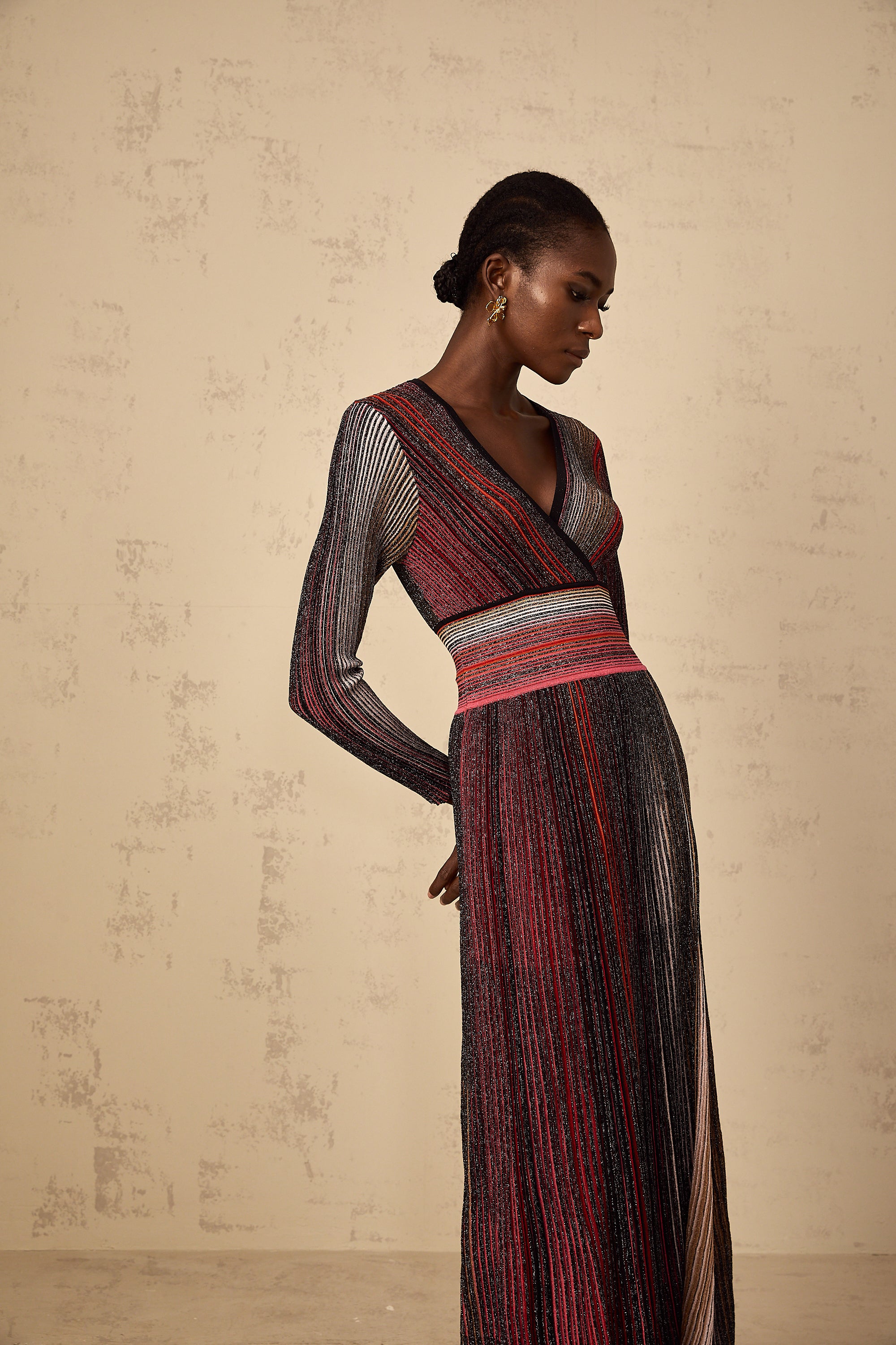 Amaryllis Red Long Sleeve Sequin Striped Knit Maxi Dress