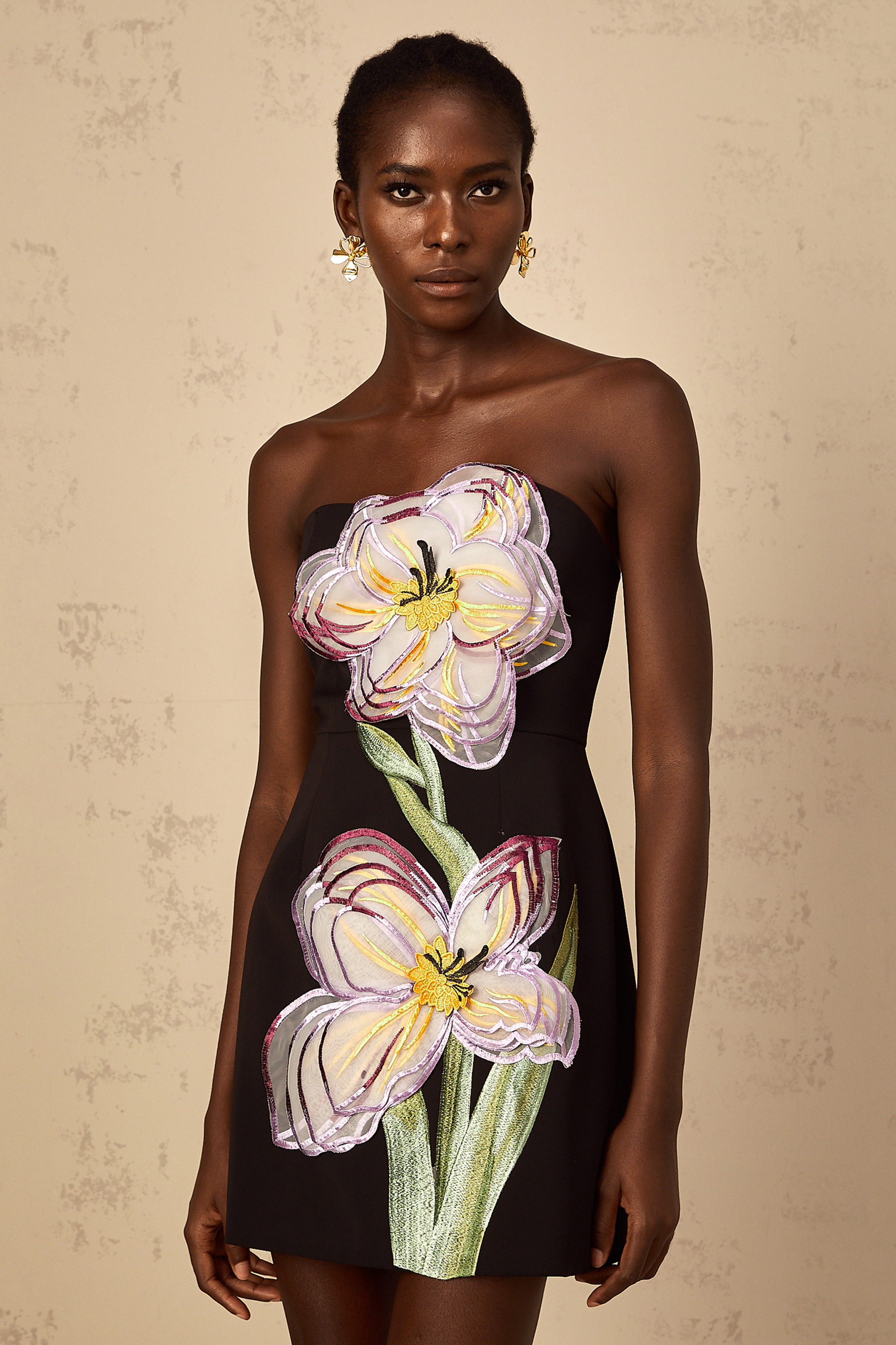 Irène Black Off-Shoulder Sequin Floral Embroidered Mini Dress