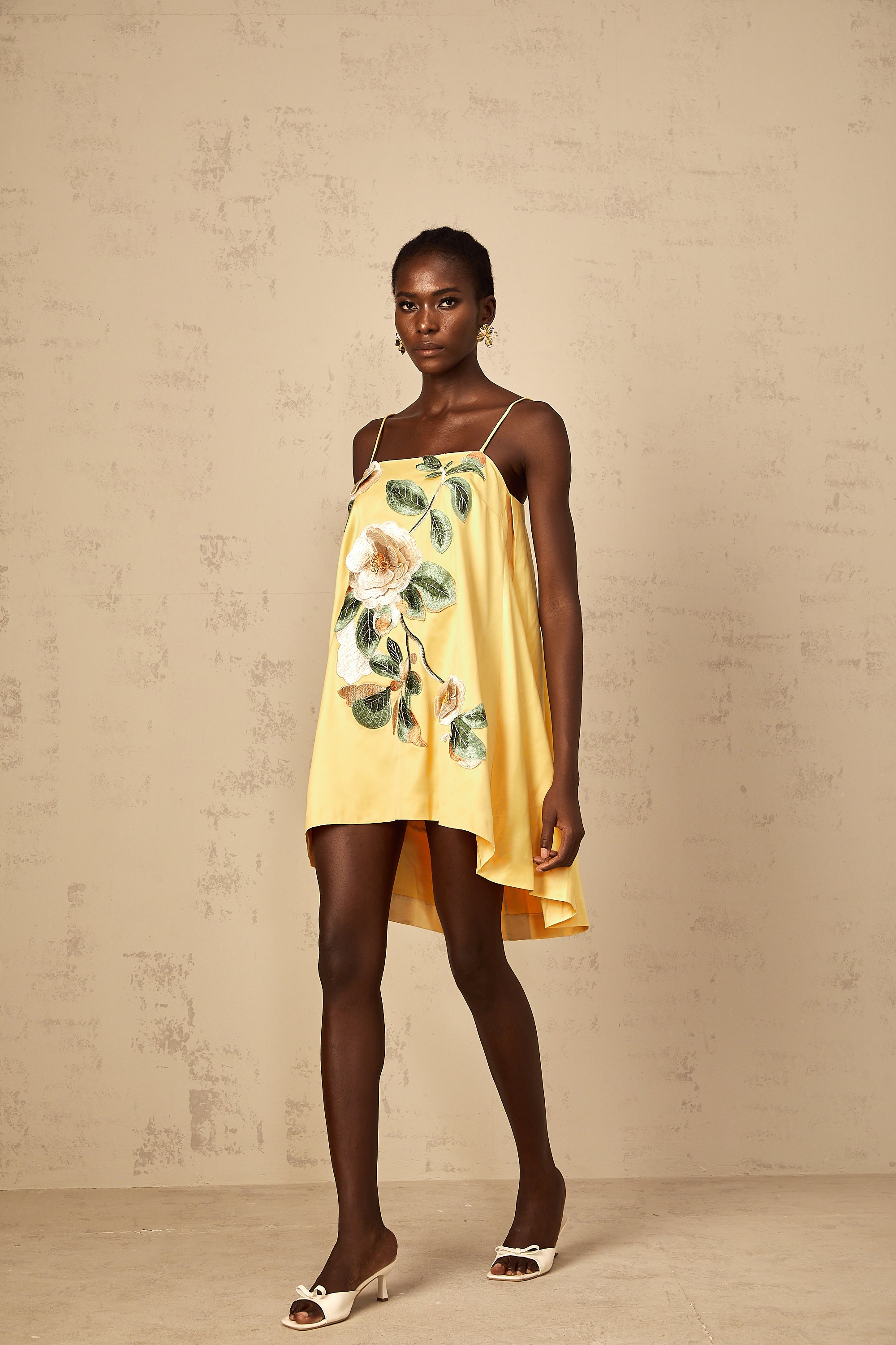 Avril Yellow Floral Embroidered Mini Dress