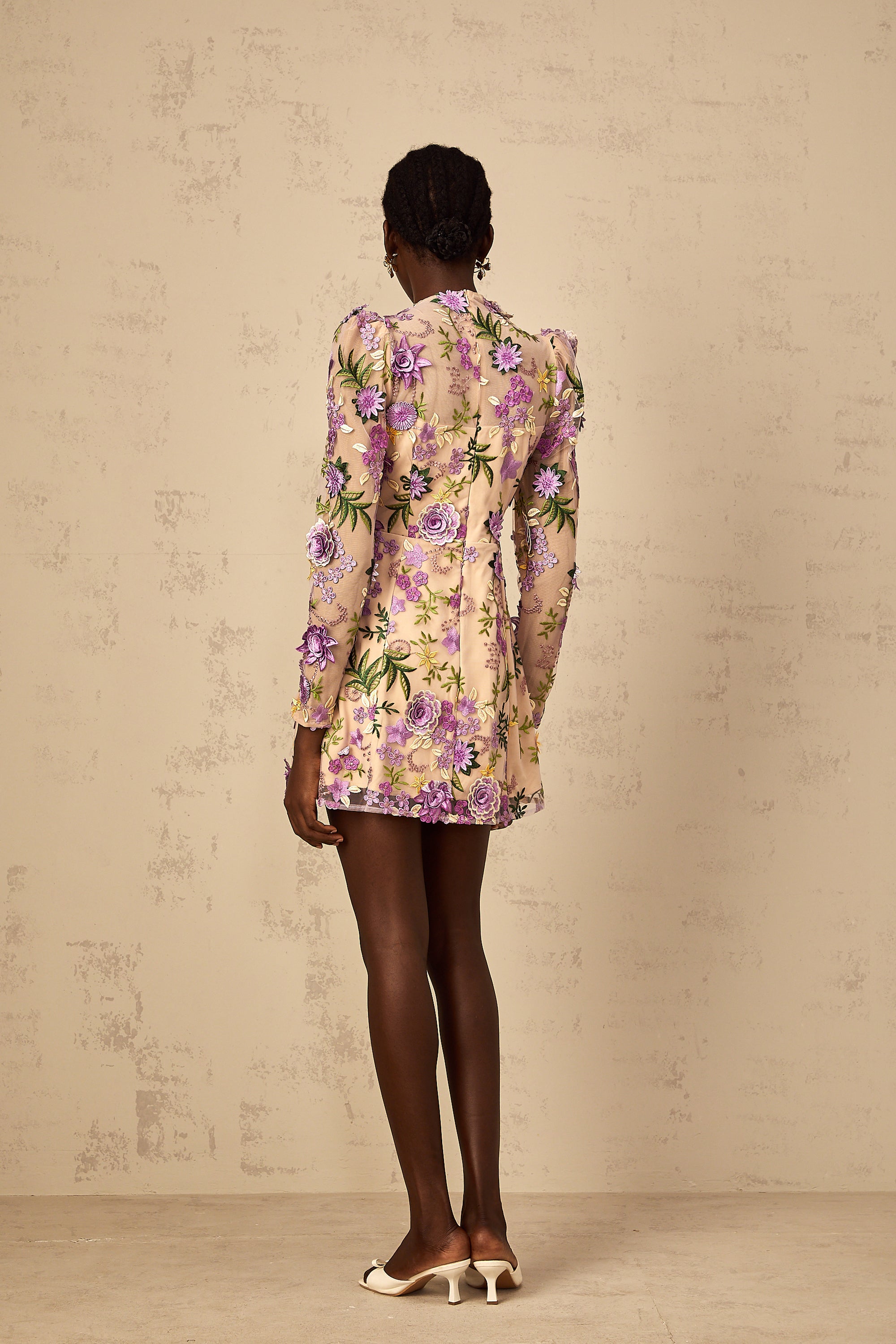 Jolien Purple Floral Appliqué Embroidered Tulle Mini Dress