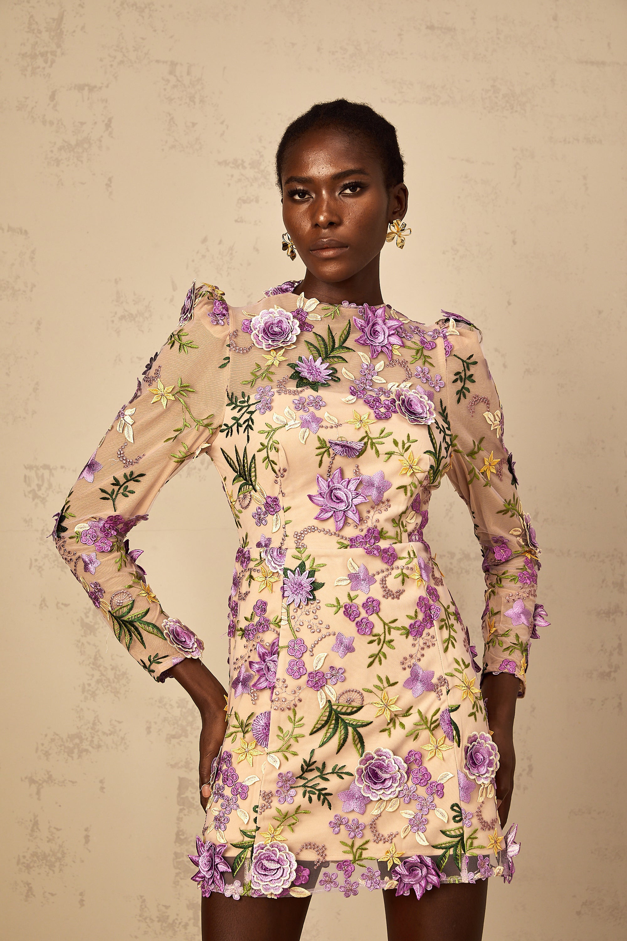 Jolien Purple Floral Appliqué Embroidered Tulle Mini Dress