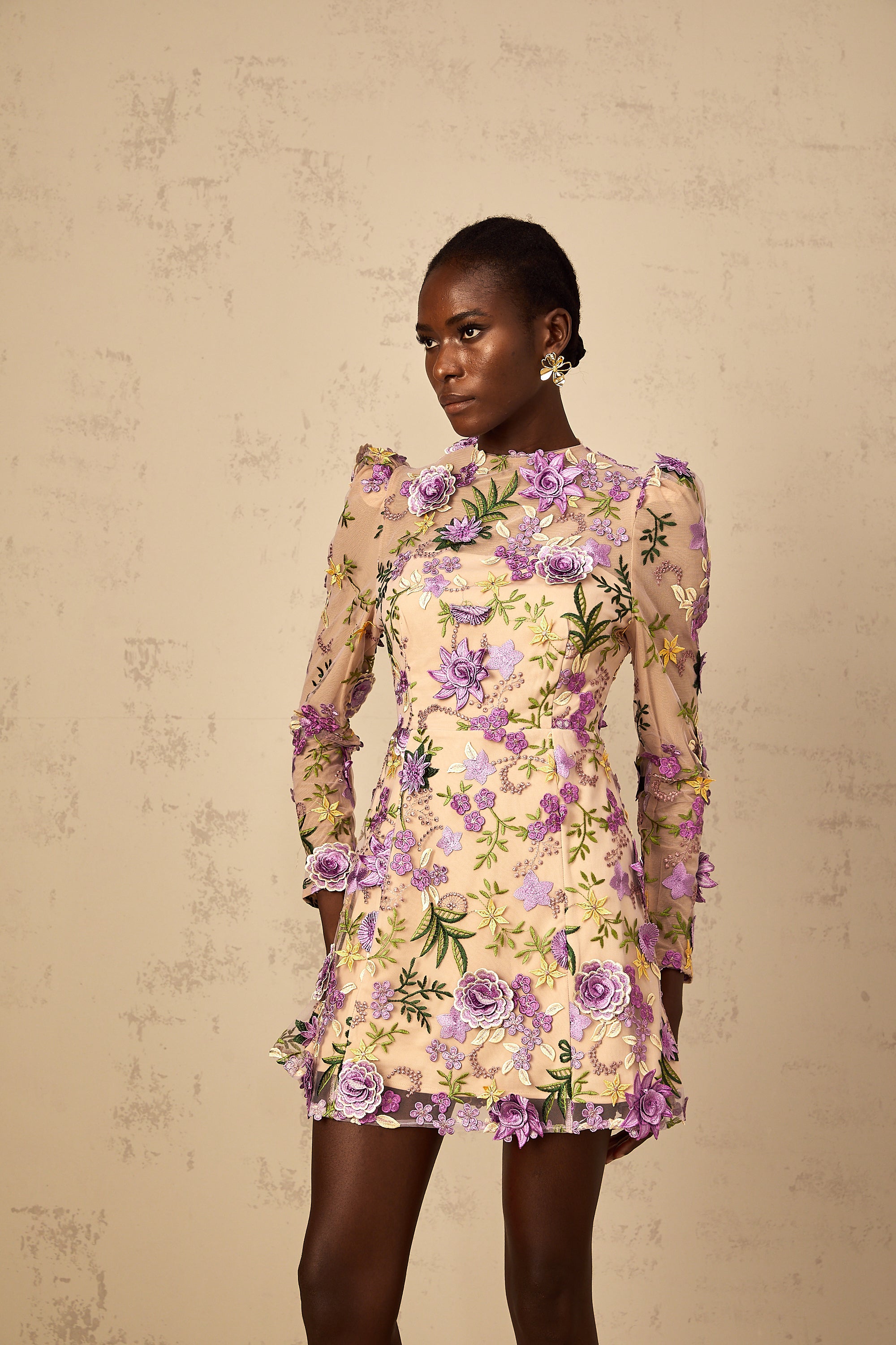 Jolien Purple Floral Appliqué Embroidered Tulle Mini Dress