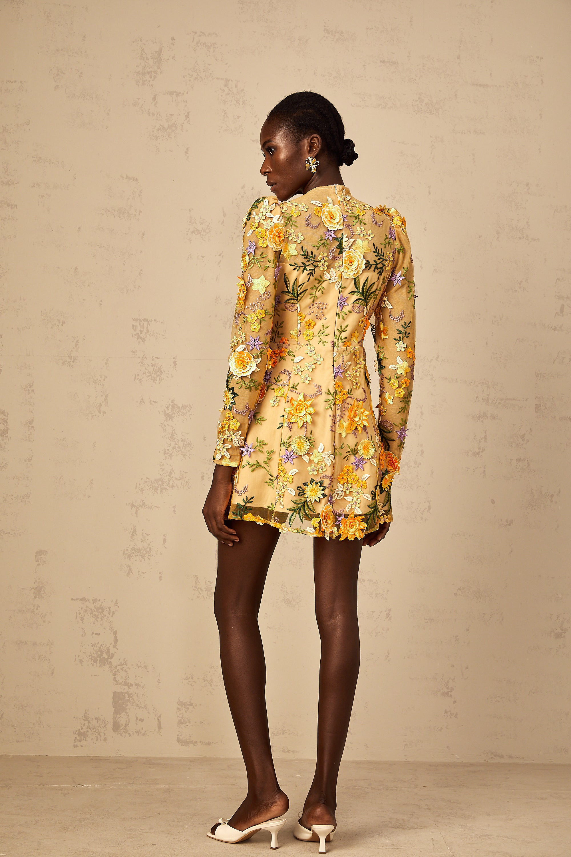 Jolien 3D Floral Appliqué Mini Dress in Yellow