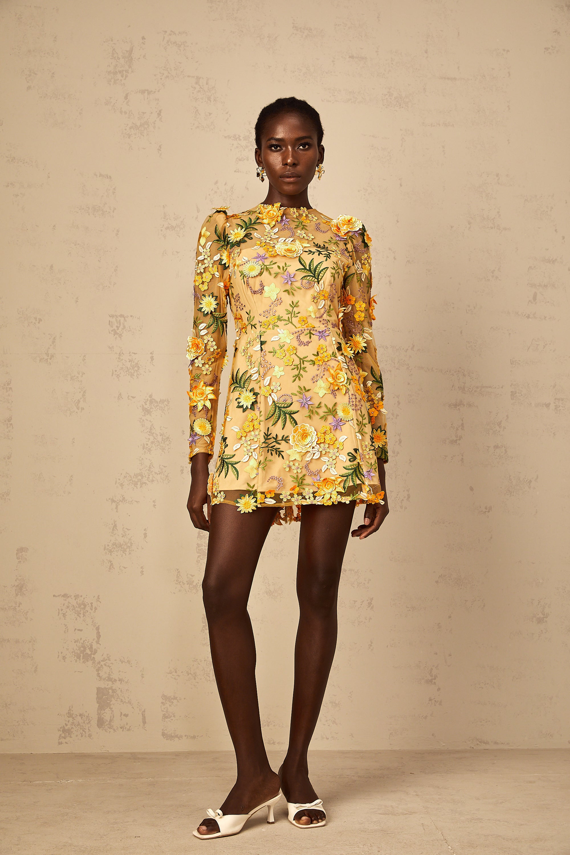 Jolien 3D Floral Appliqué Mini Dress in Yellow