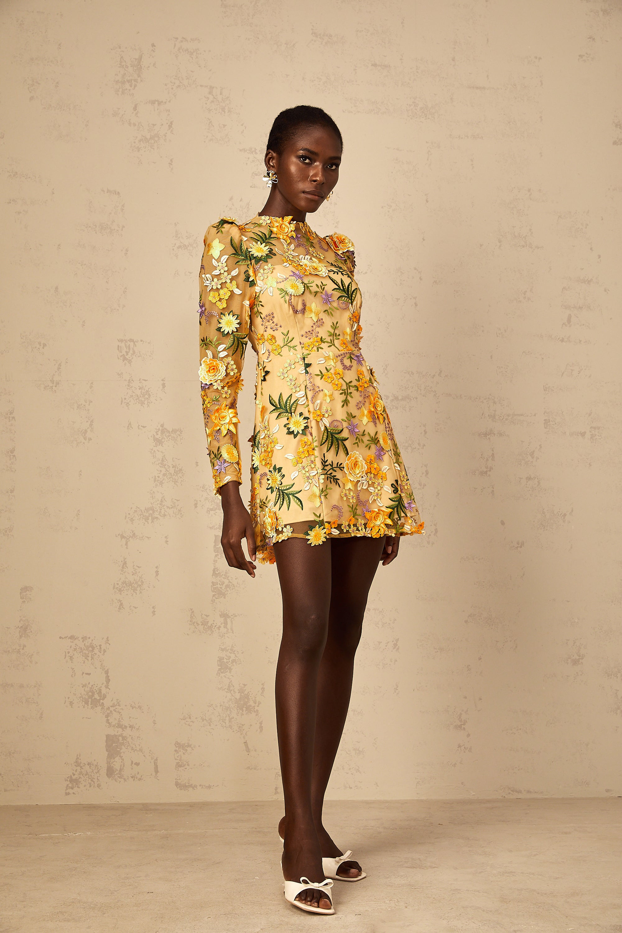 Jolien 3D Floral Appliqué Mini Dress in Yellow