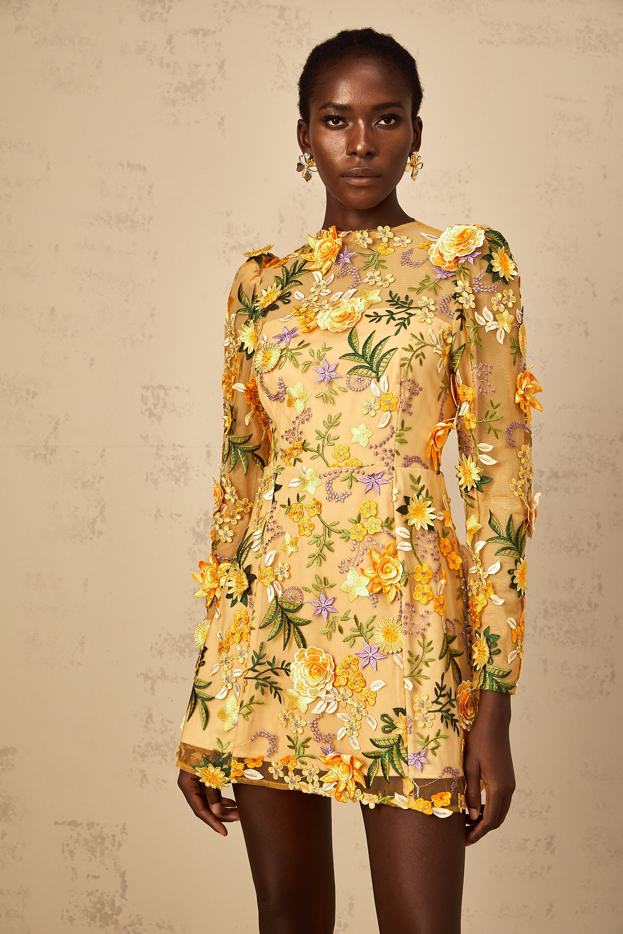 Jolien 3D Floral Appliqué Mini Dress in Yellow