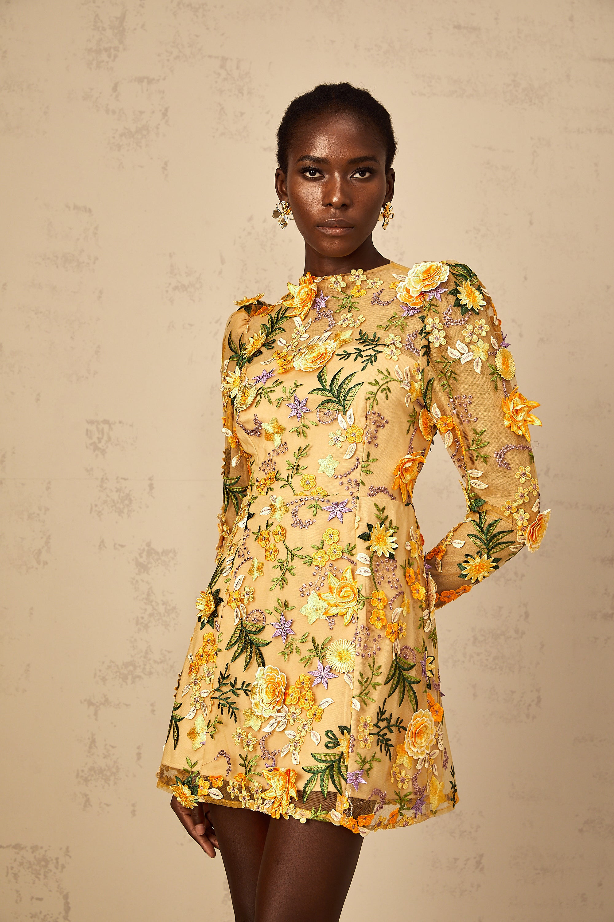 Jolien 3D Floral Appliqué Mini Dress in Yellow