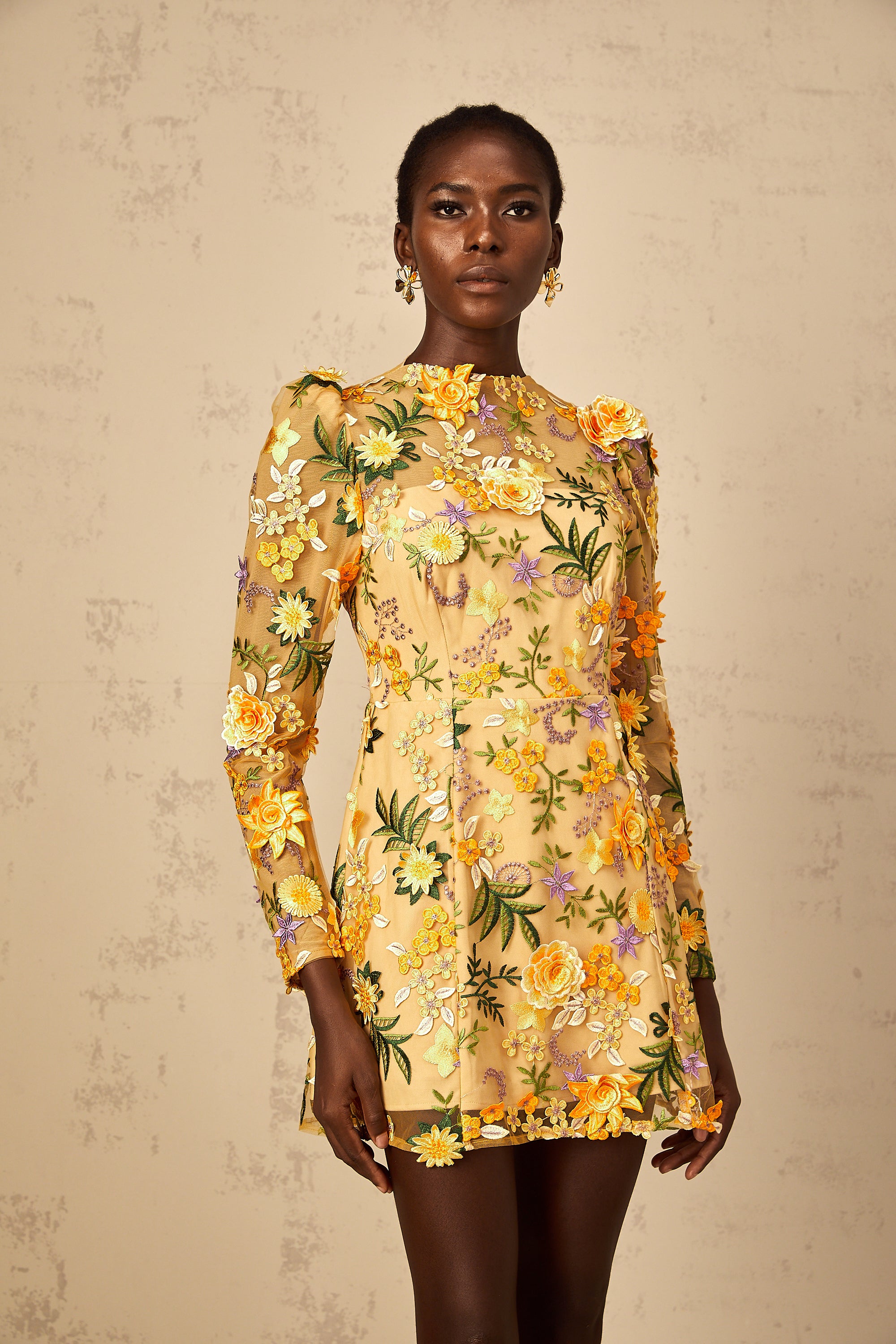 Jolien 3D Floral Appliqué Mini Dress in Yellow