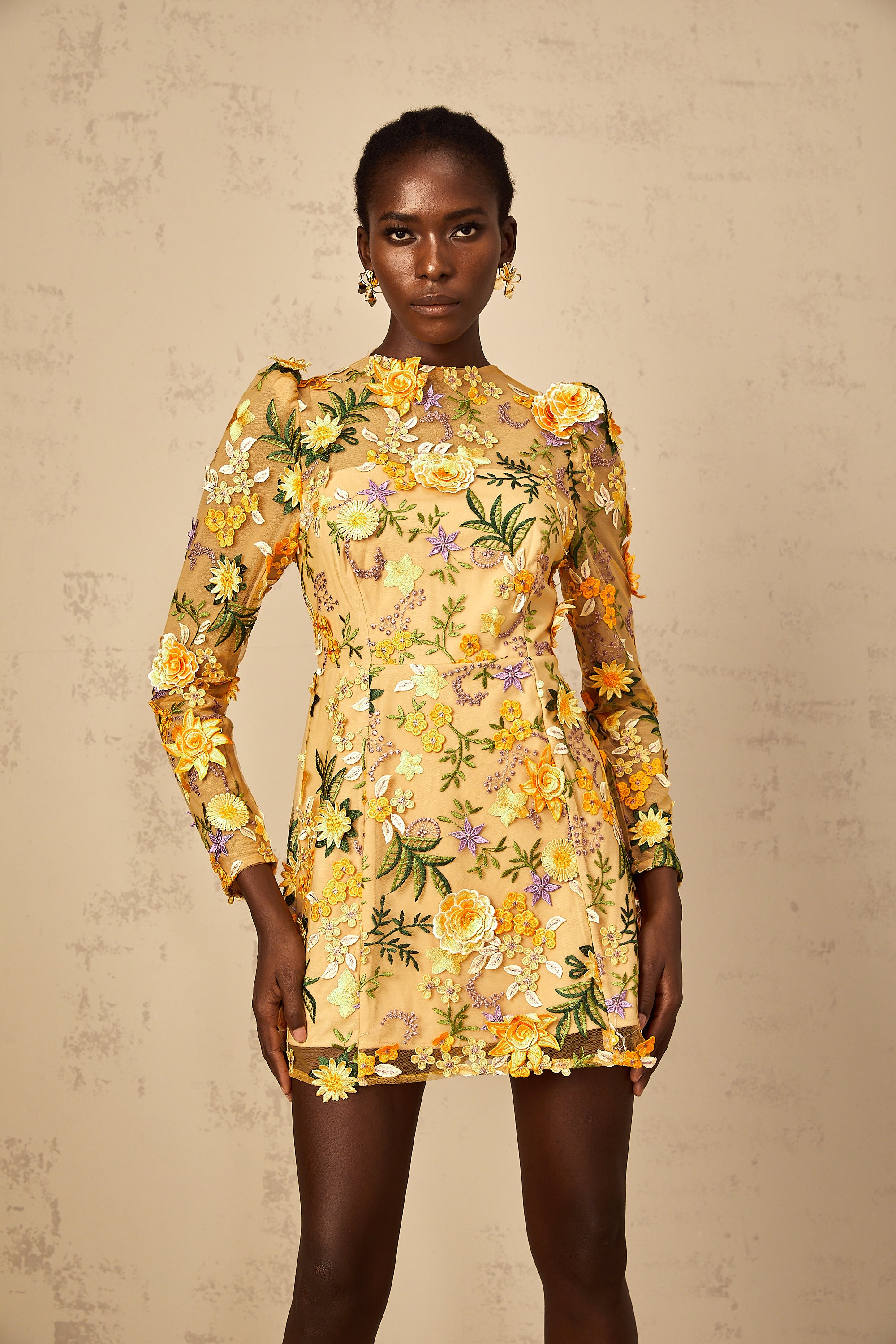 Jolien 3D Floral Appliqué Mini Dress in Yellow