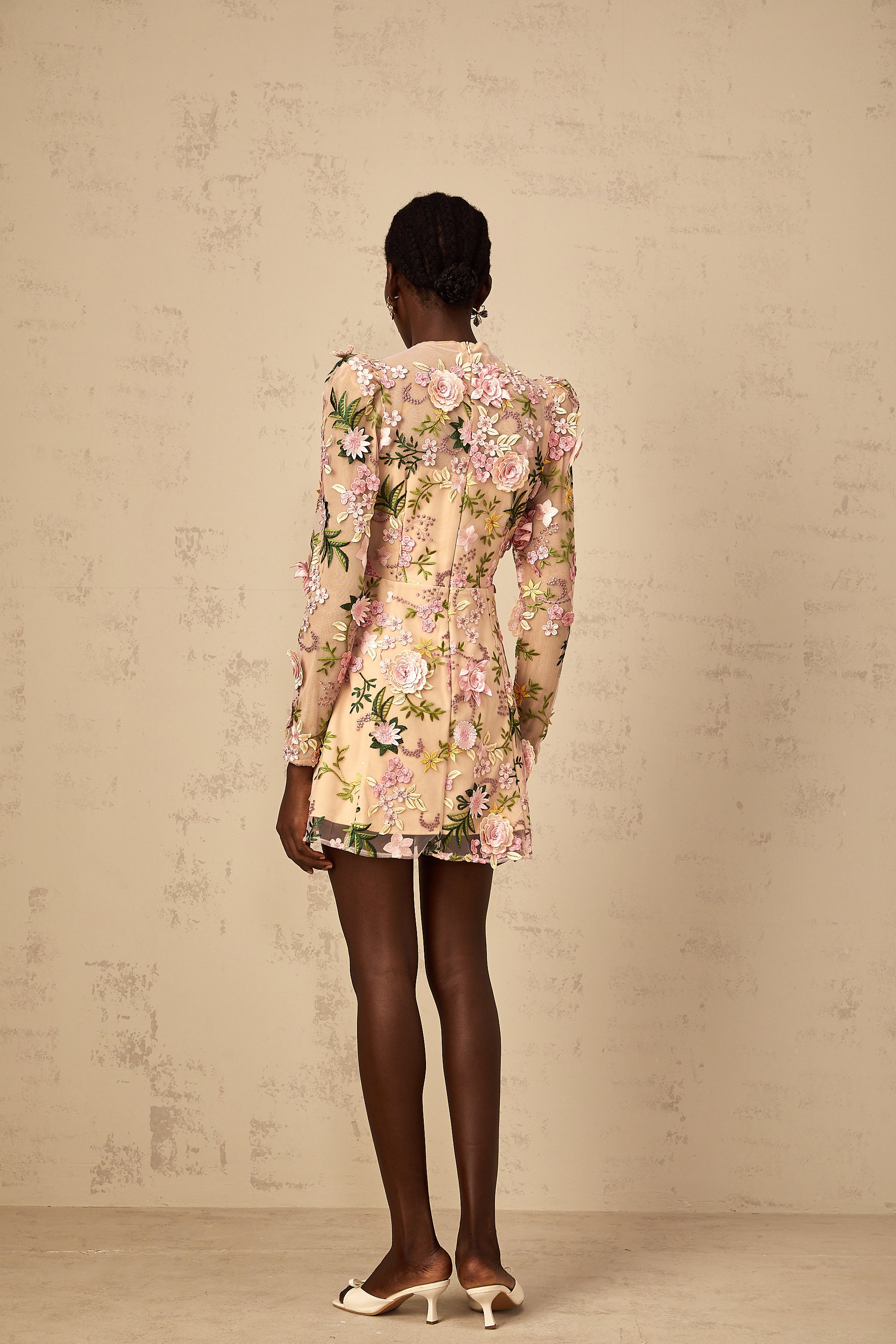 Jolien 3D Floral Appliqué Mini Dress in Pink