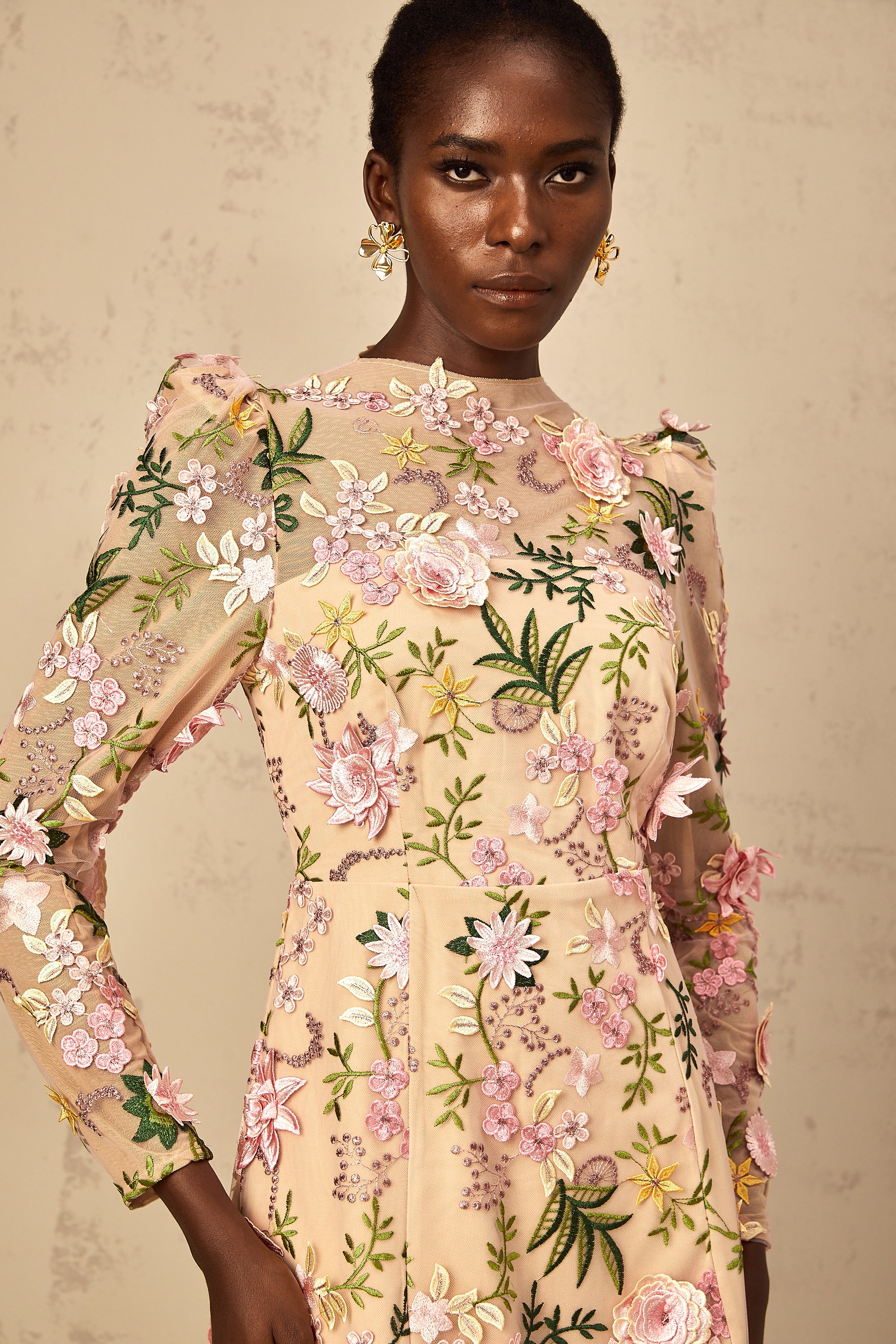 Jolien 3D Floral Appliqué Mini Dress in Pink