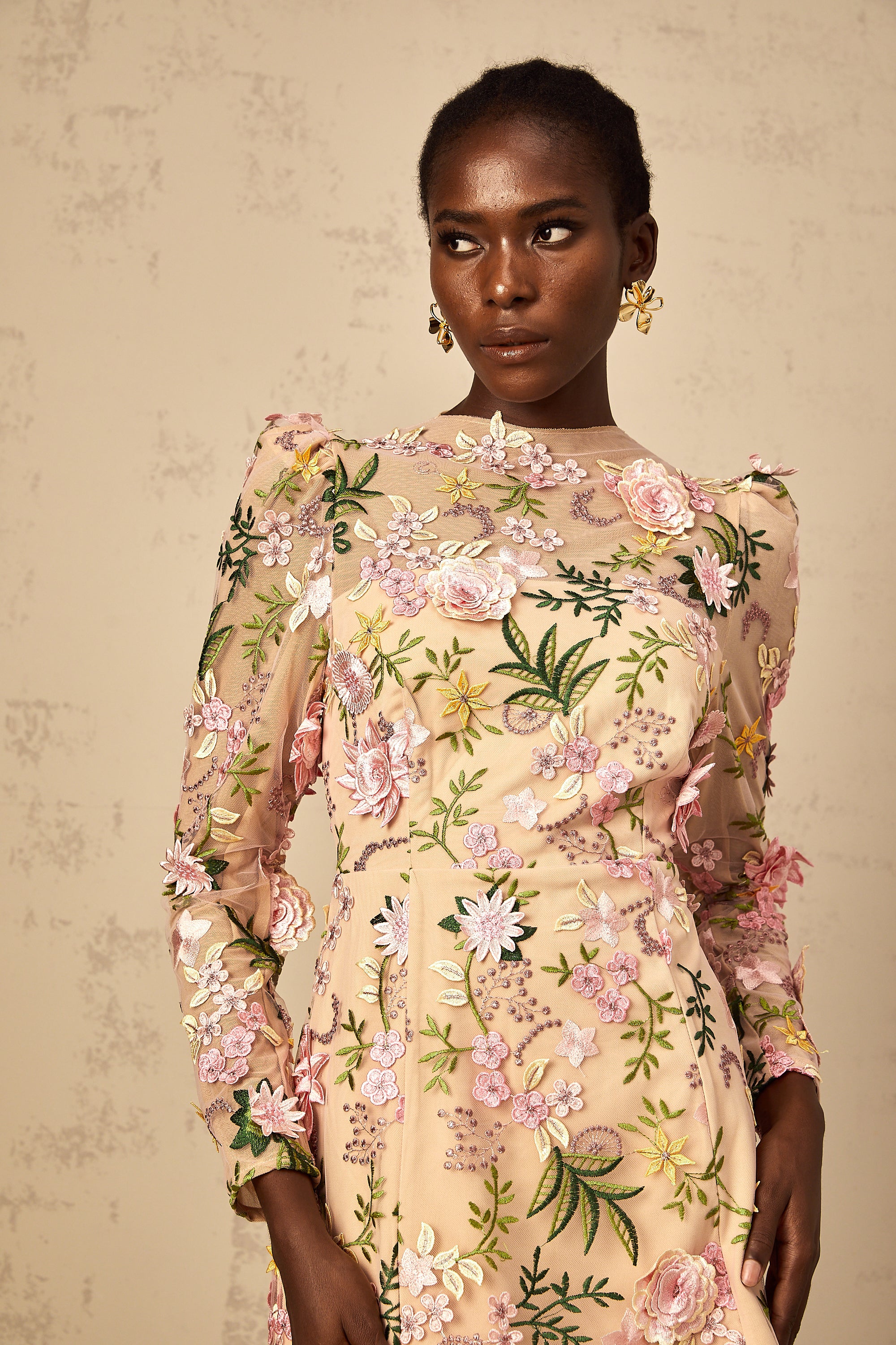 Jolien 3D Floral Appliqué Mini Dress in Pink