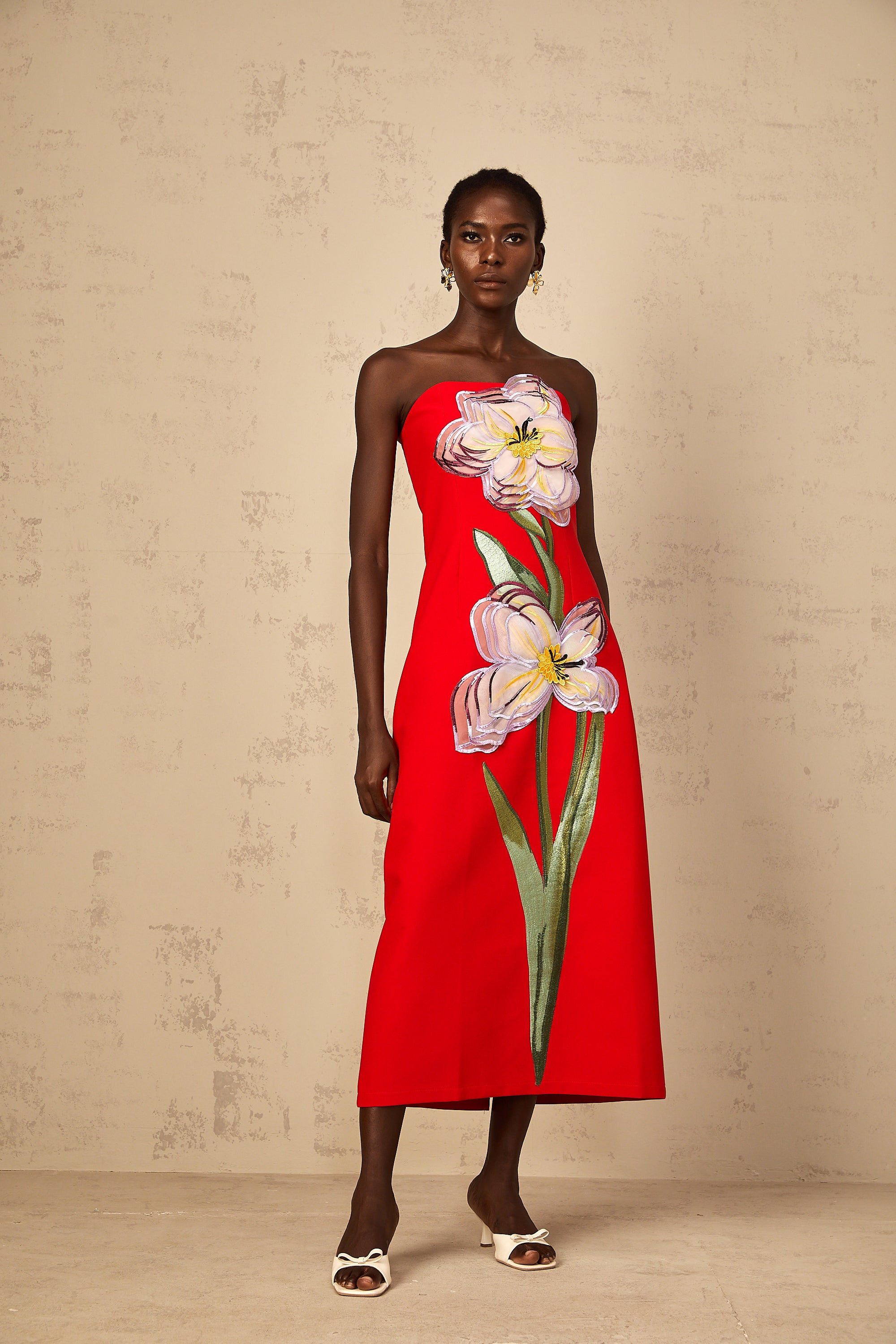 Irène Sequin Embroidered Off-Shoulder Midi Dress in Red