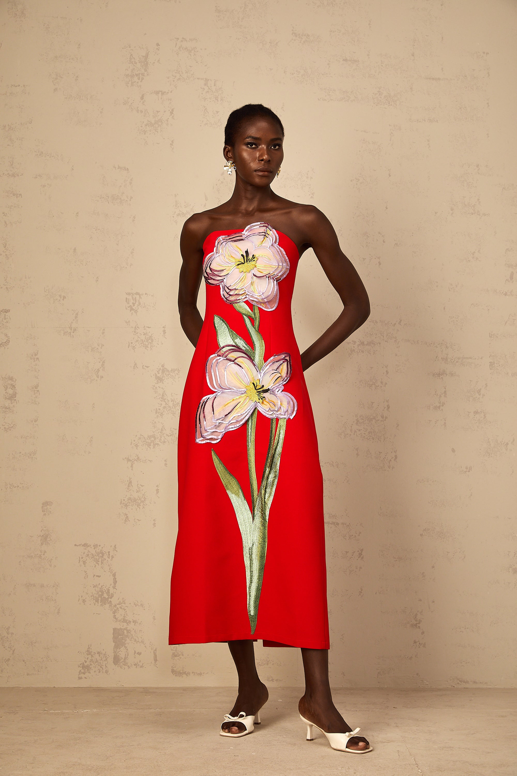 Irène Sequin Embroidered Off-Shoulder Midi Dress in Red