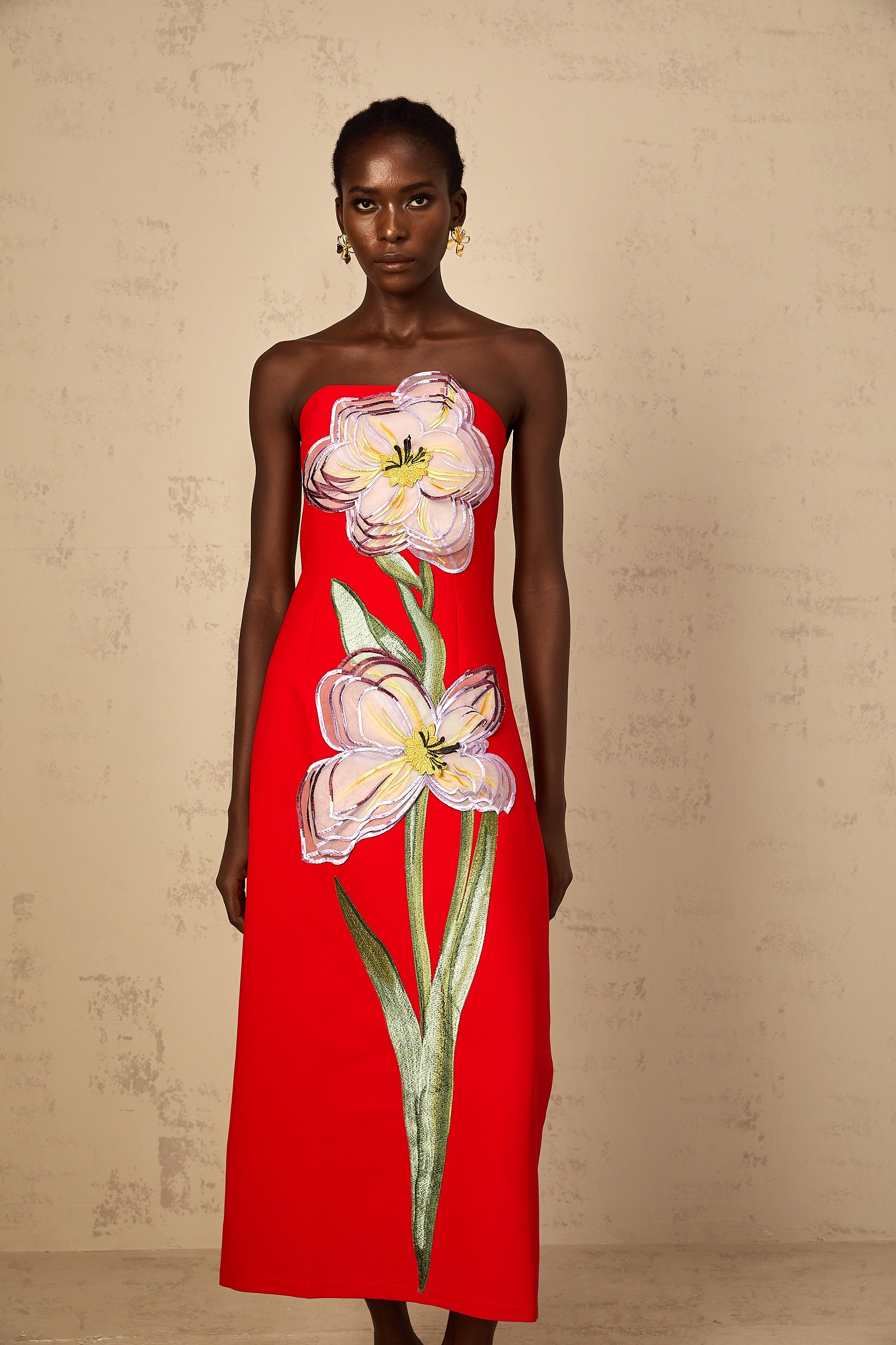 Irène Sequin Embroidered Off-Shoulder Midi Dress in Red