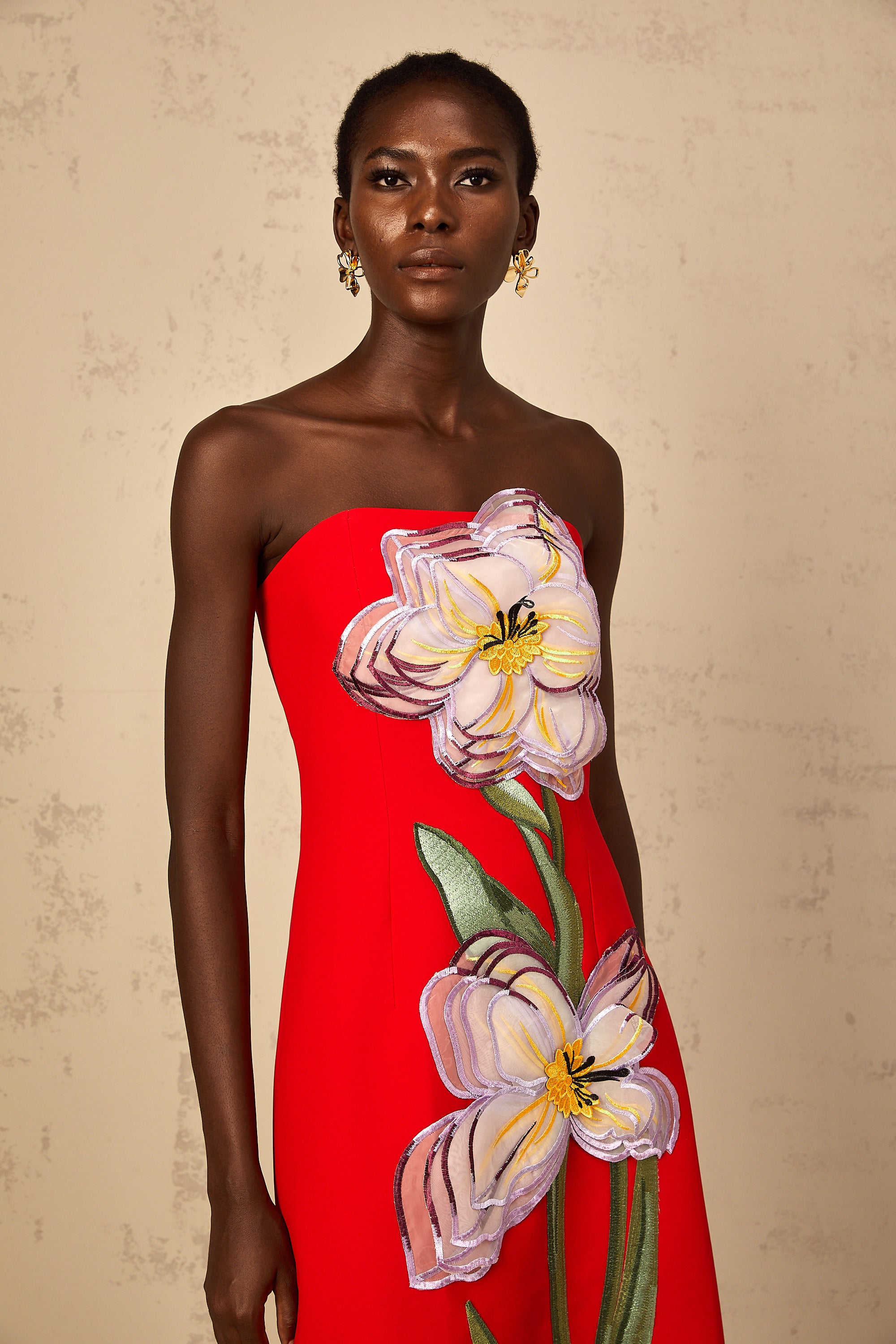 Irène Sequin Embroidered Off-Shoulder Midi Dress in Red