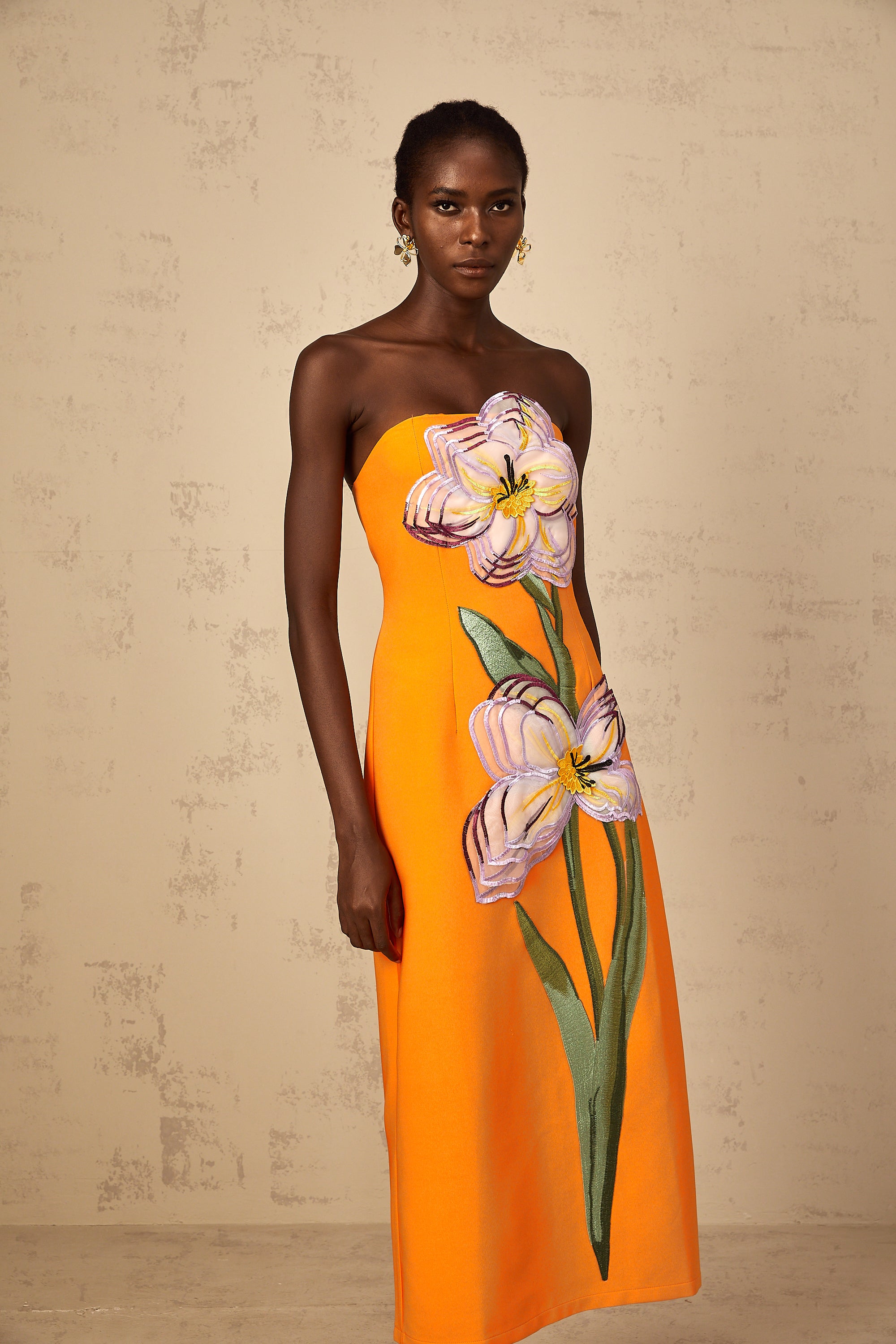 Irène Sequin Embroidered Off-Shoulder Midi Dress in Orange