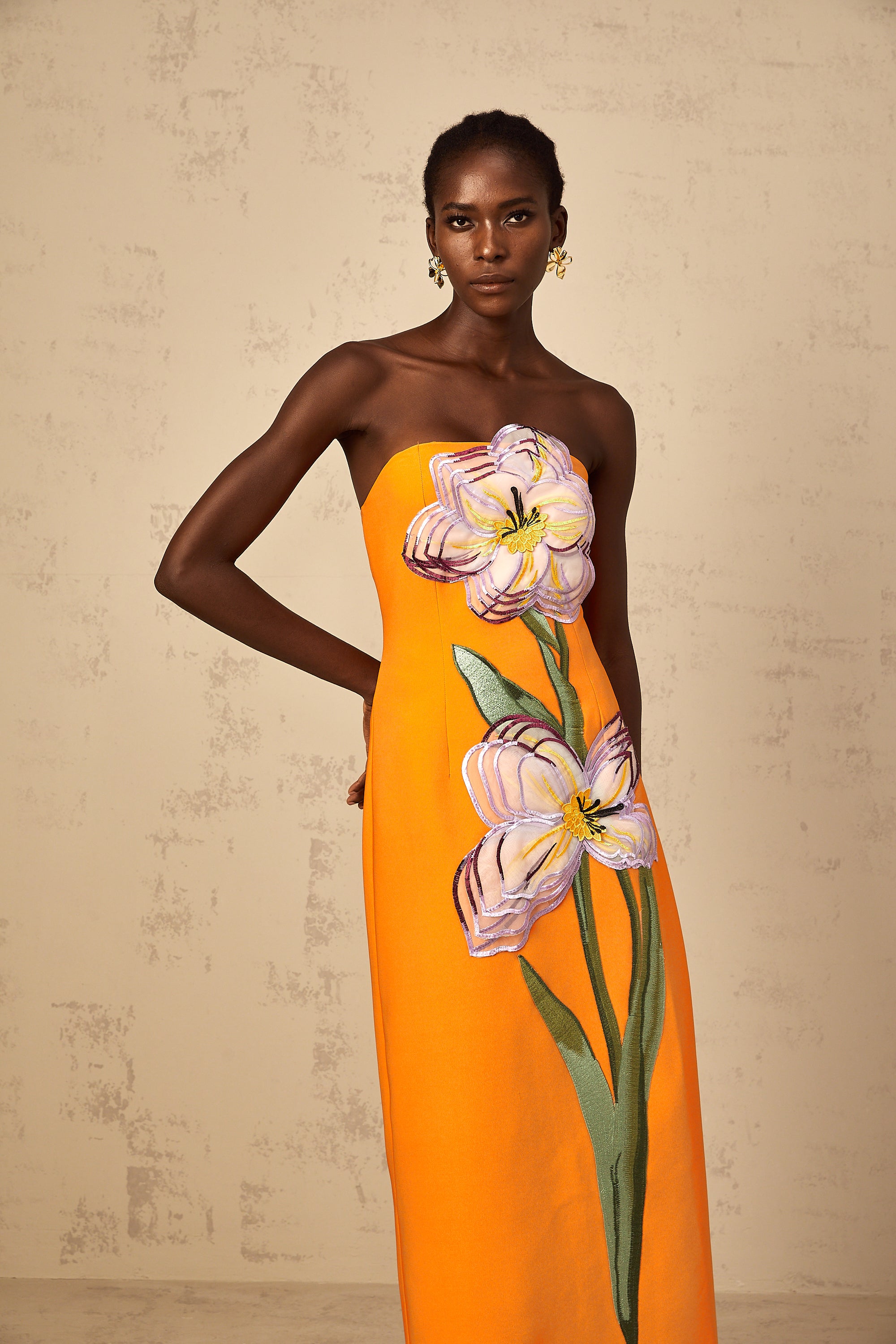 Irène Sequin Embroidered Off-Shoulder Midi Dress in Orange