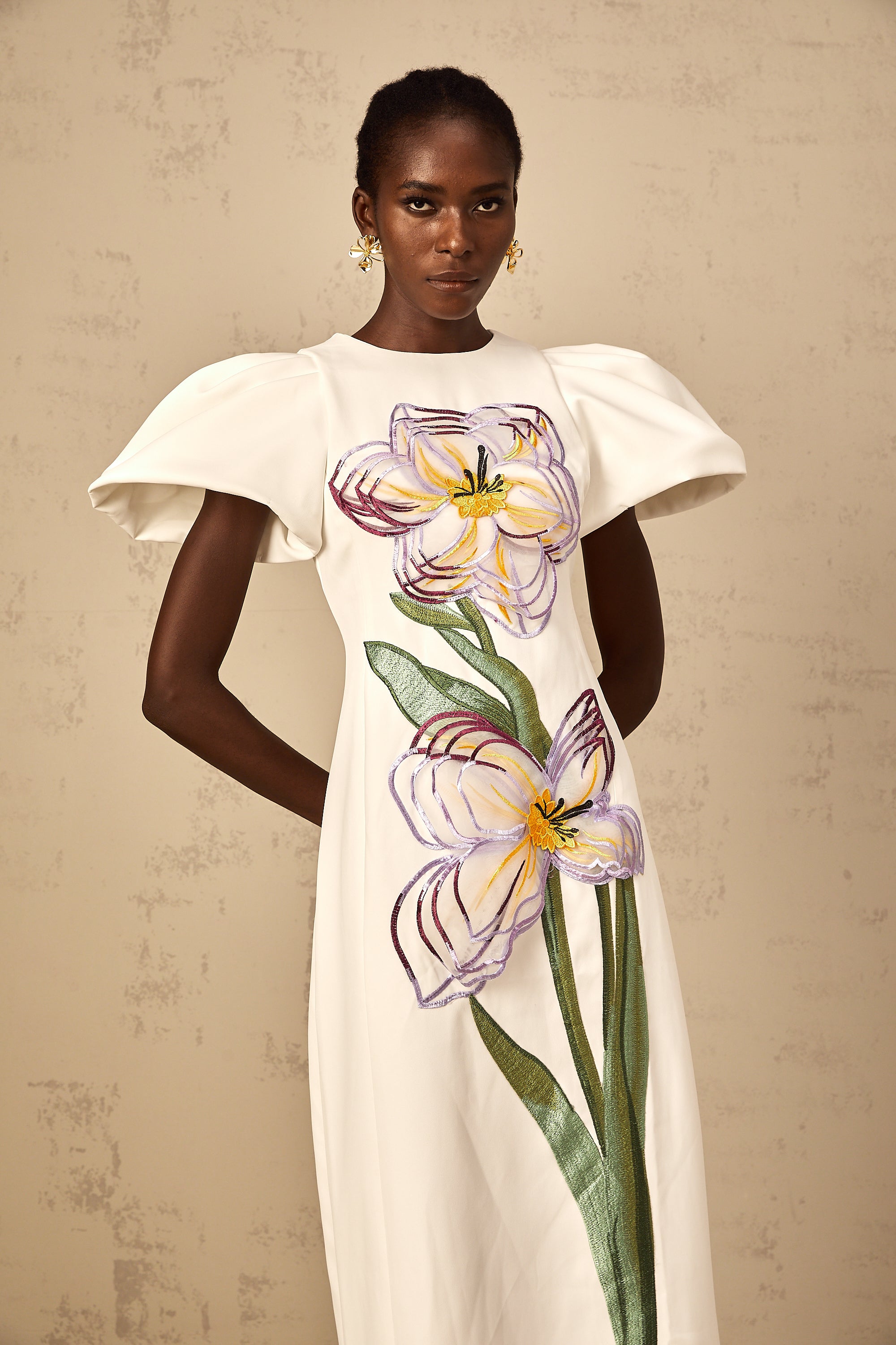 Irène White Sequin Floral Embroidered Midi Dress