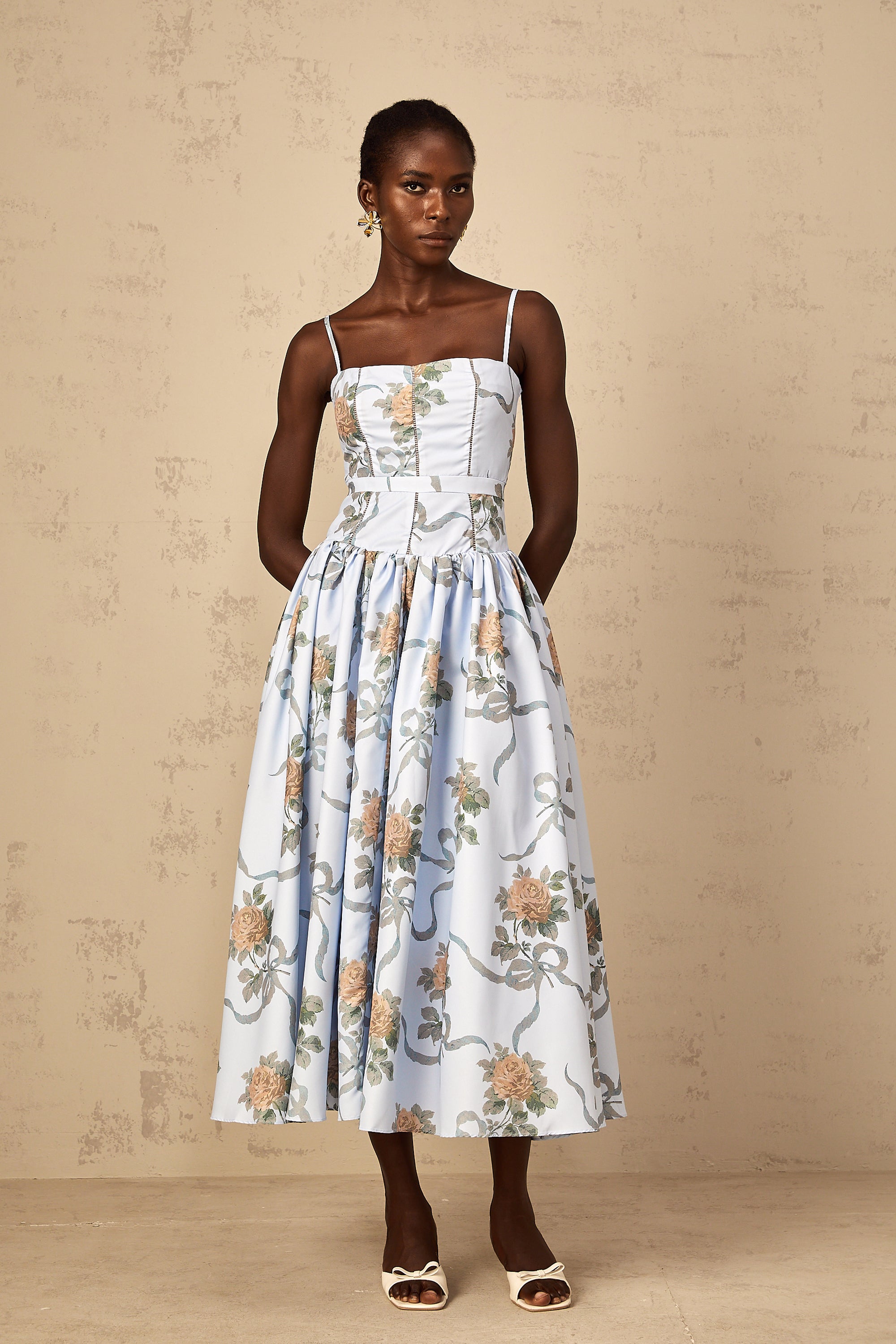Fleur Blue Floral Print Midi Dress