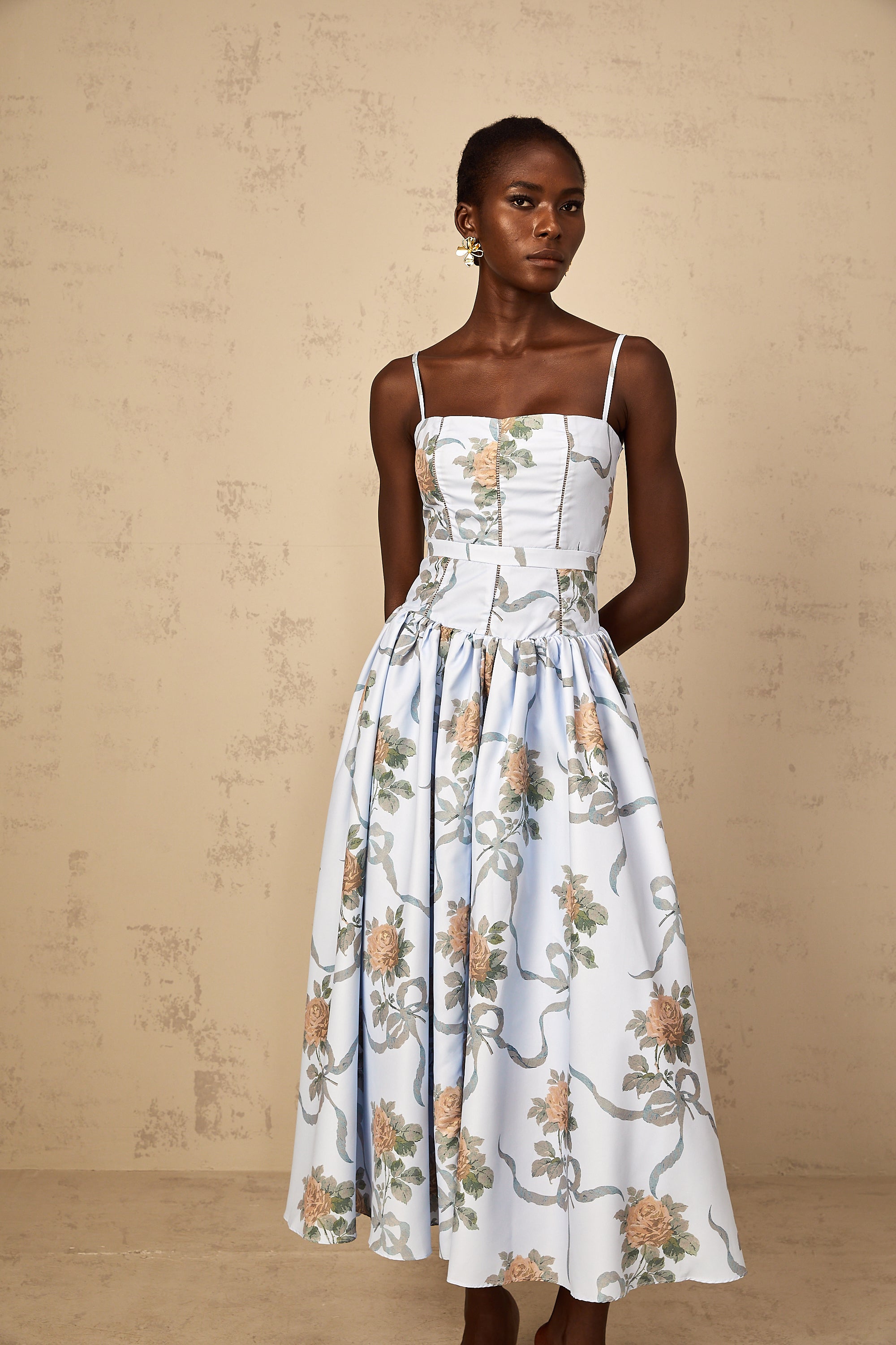 Fleur Blue Floral Print Midi Dress