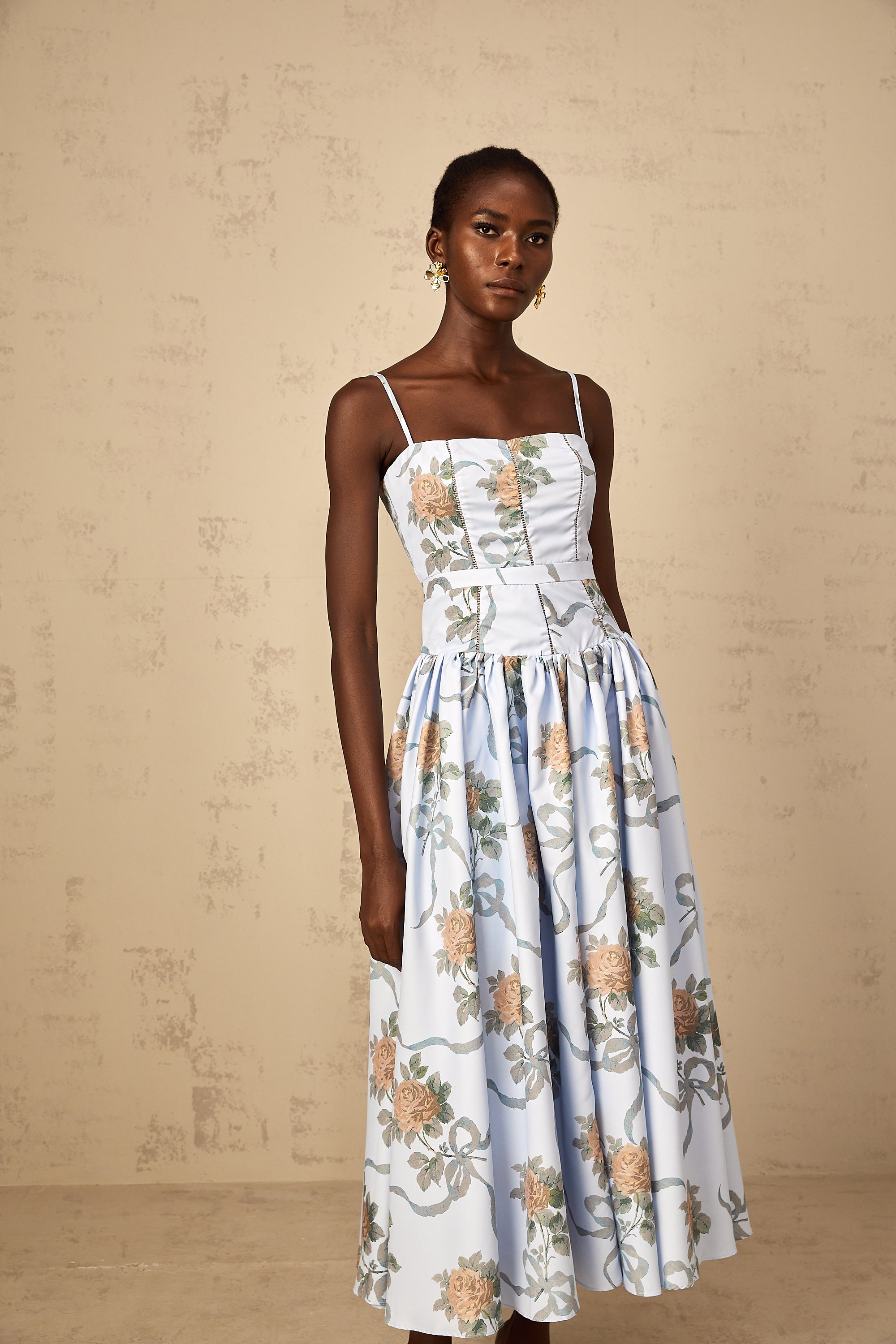 Fleur Blue Floral Print Midi Dress