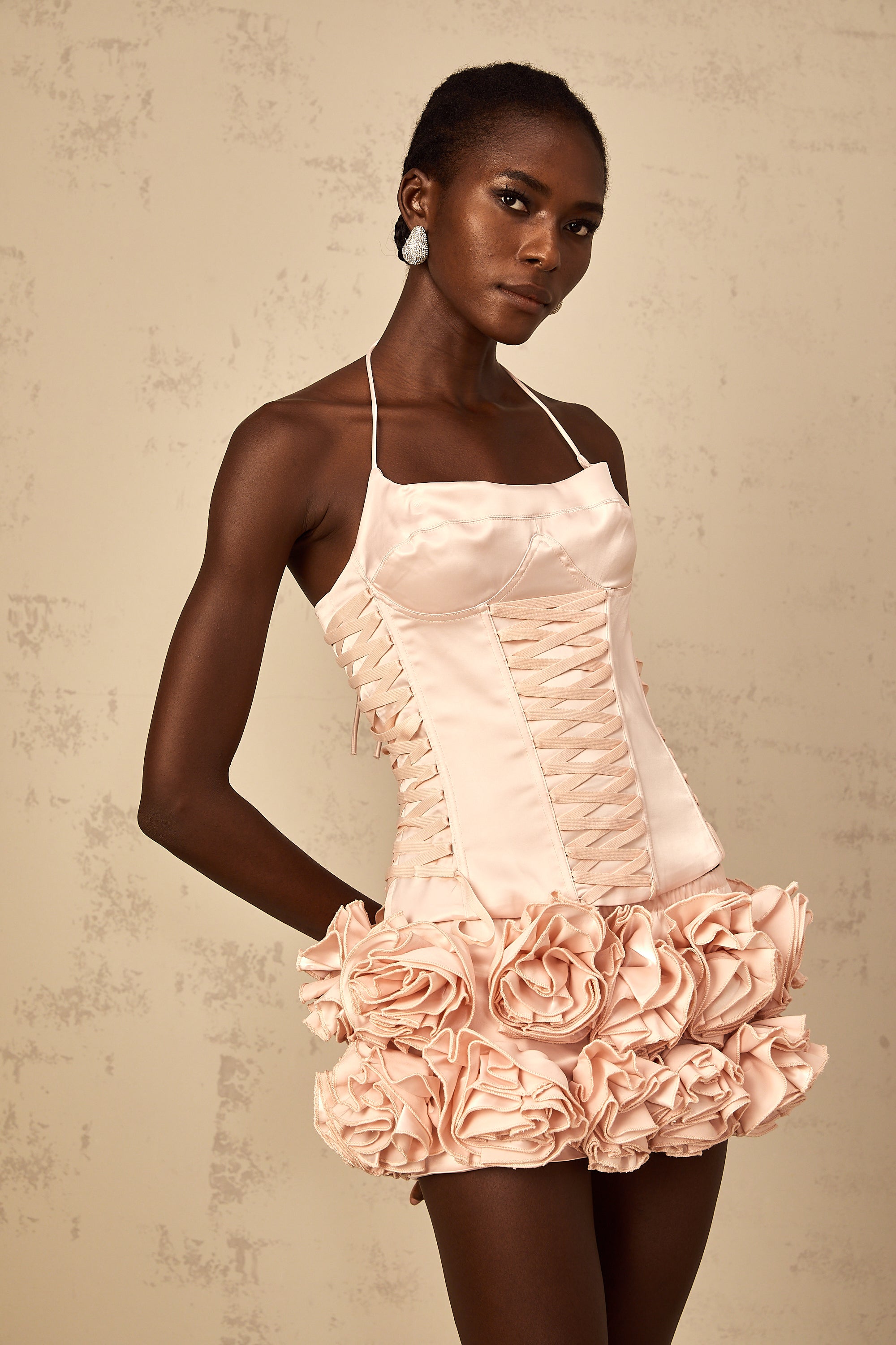 Jeanne pink faux-flower lace-up top & skirt matching set