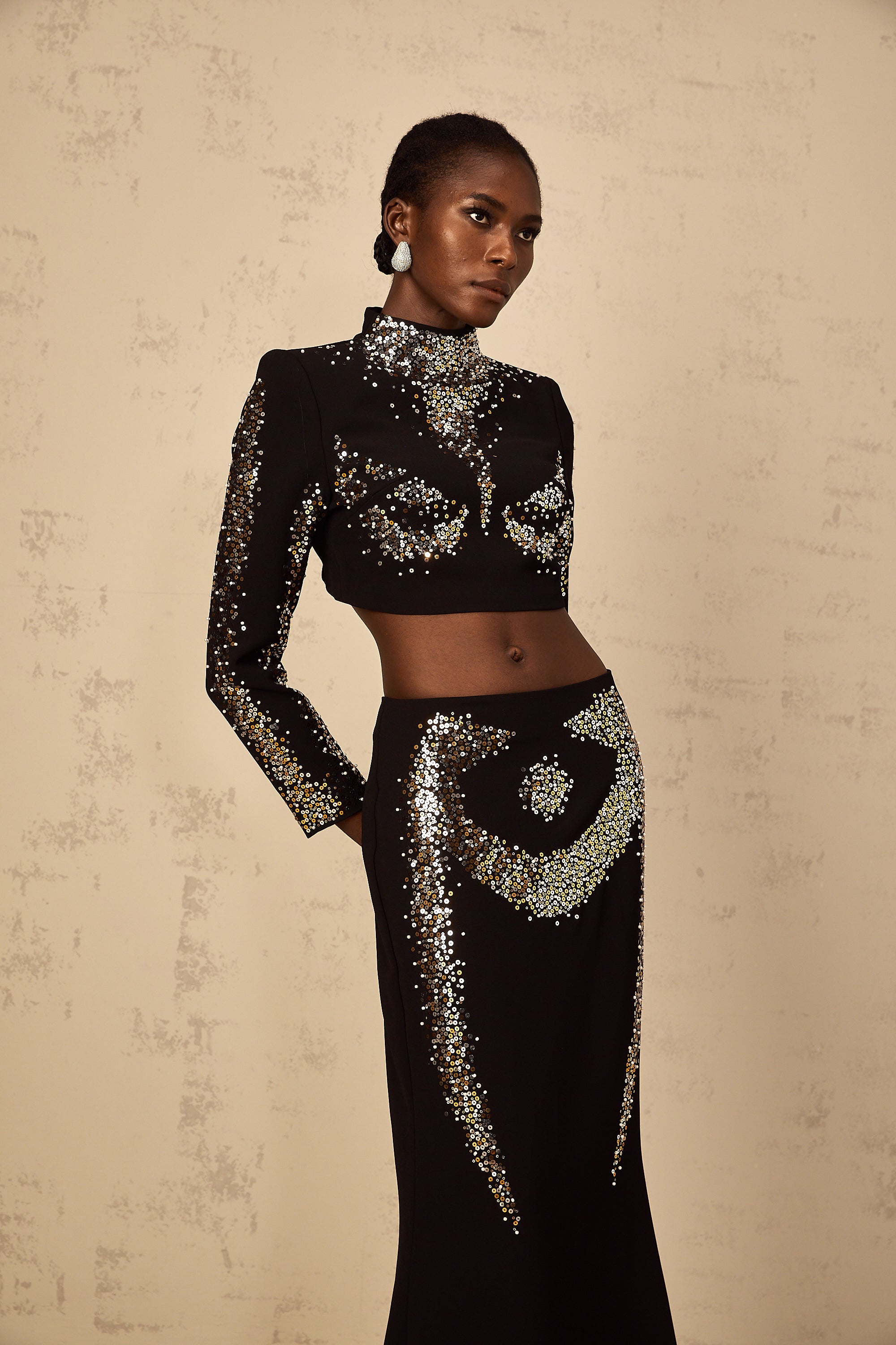 Mahault Black Sequin Embellished Top & Skirt Set
