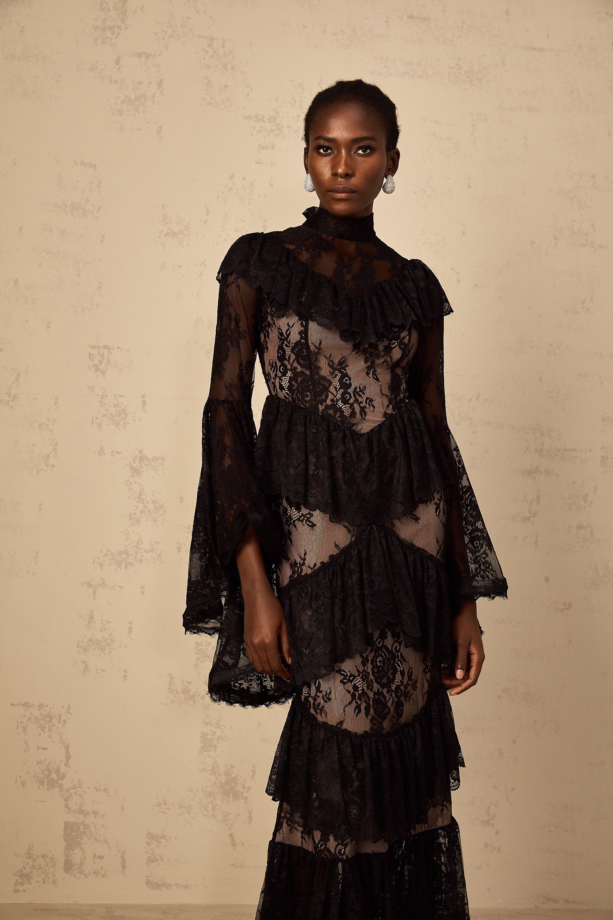 Roxane black floral-lace ruffled maxi dress